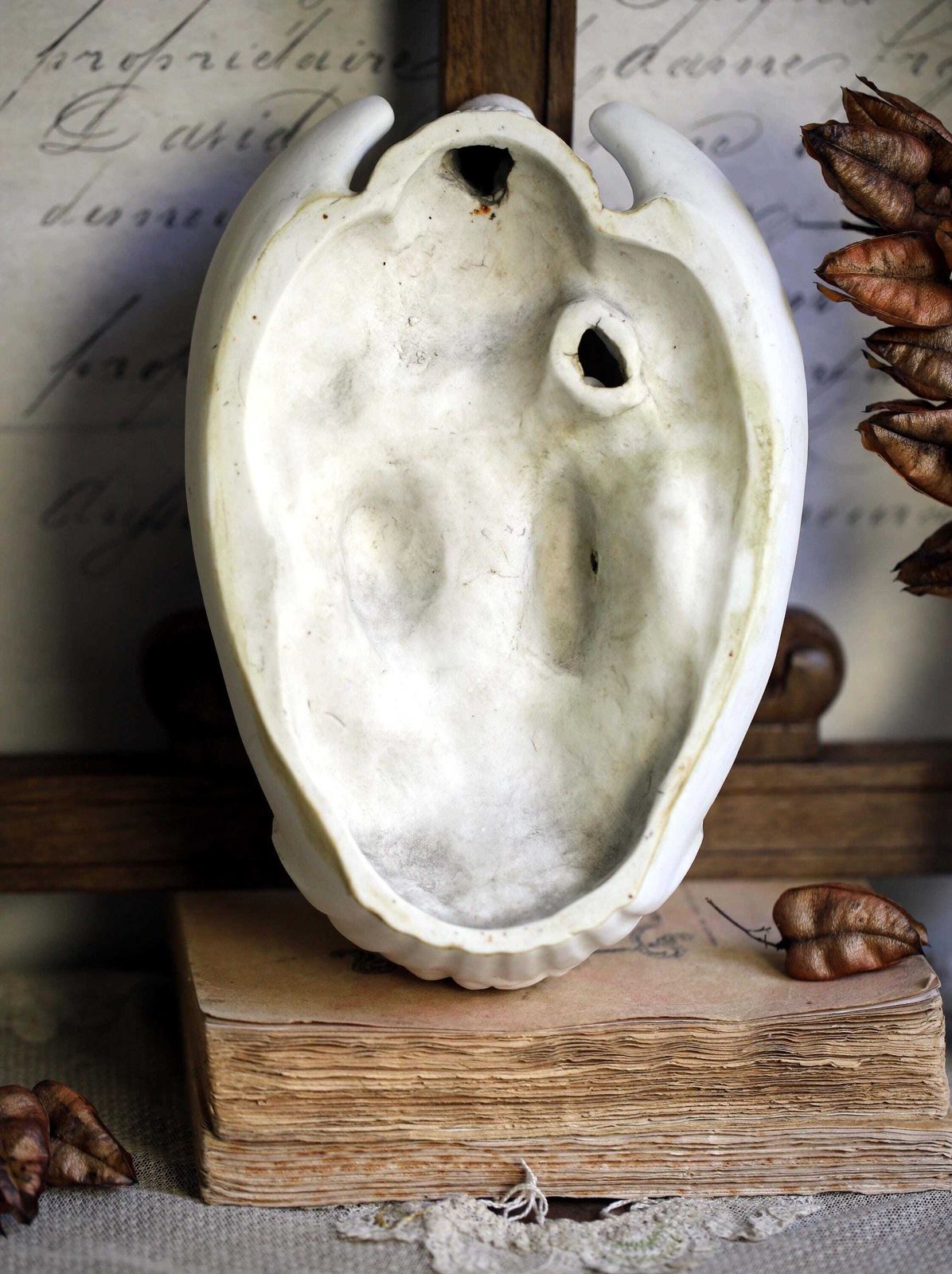 photo for sale Antique French Porcelain Font Madonna & Jesus Christ Virgin Mary Benitier Statue Wall Hanging Religious Shrine