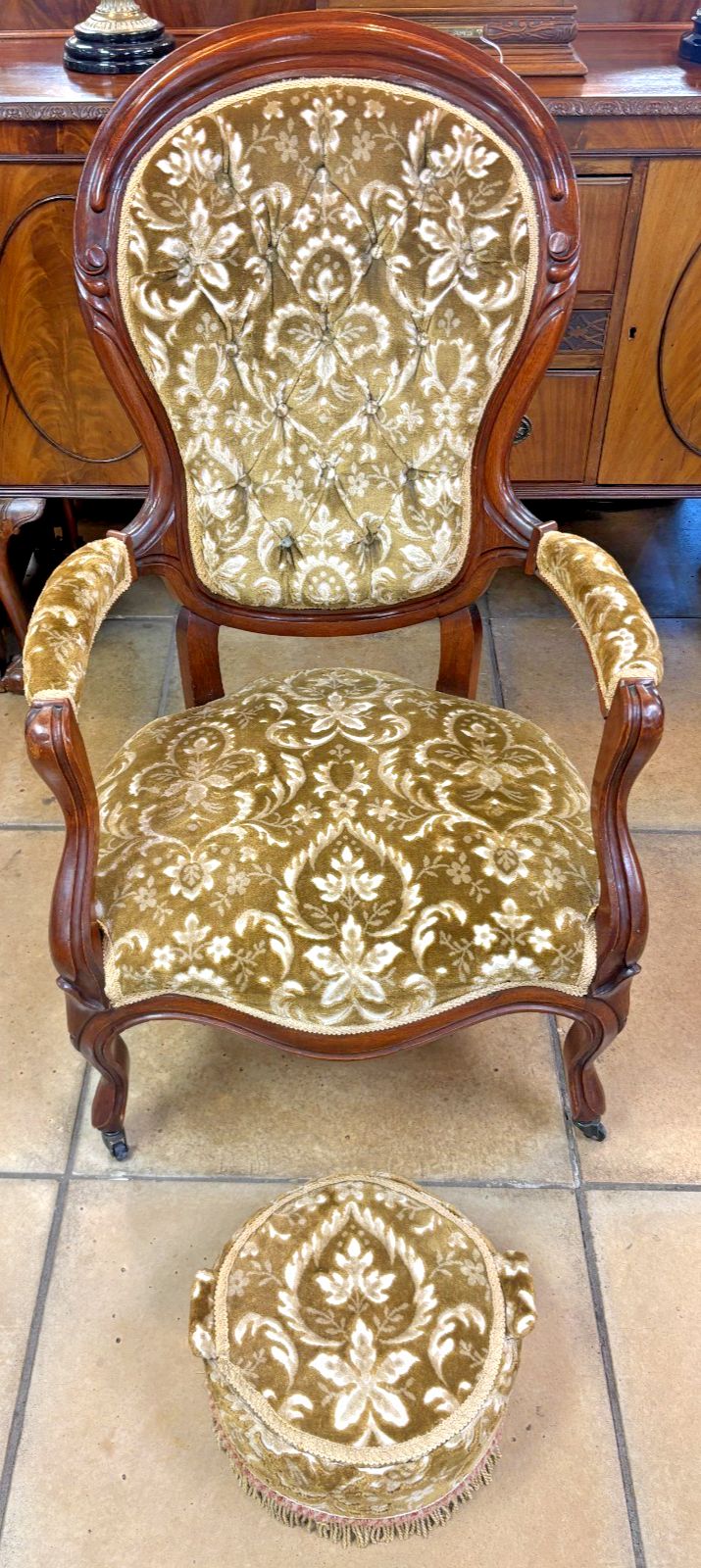Victorian Italian Style Mahogany Salon Chair With Upholstered Footstool
