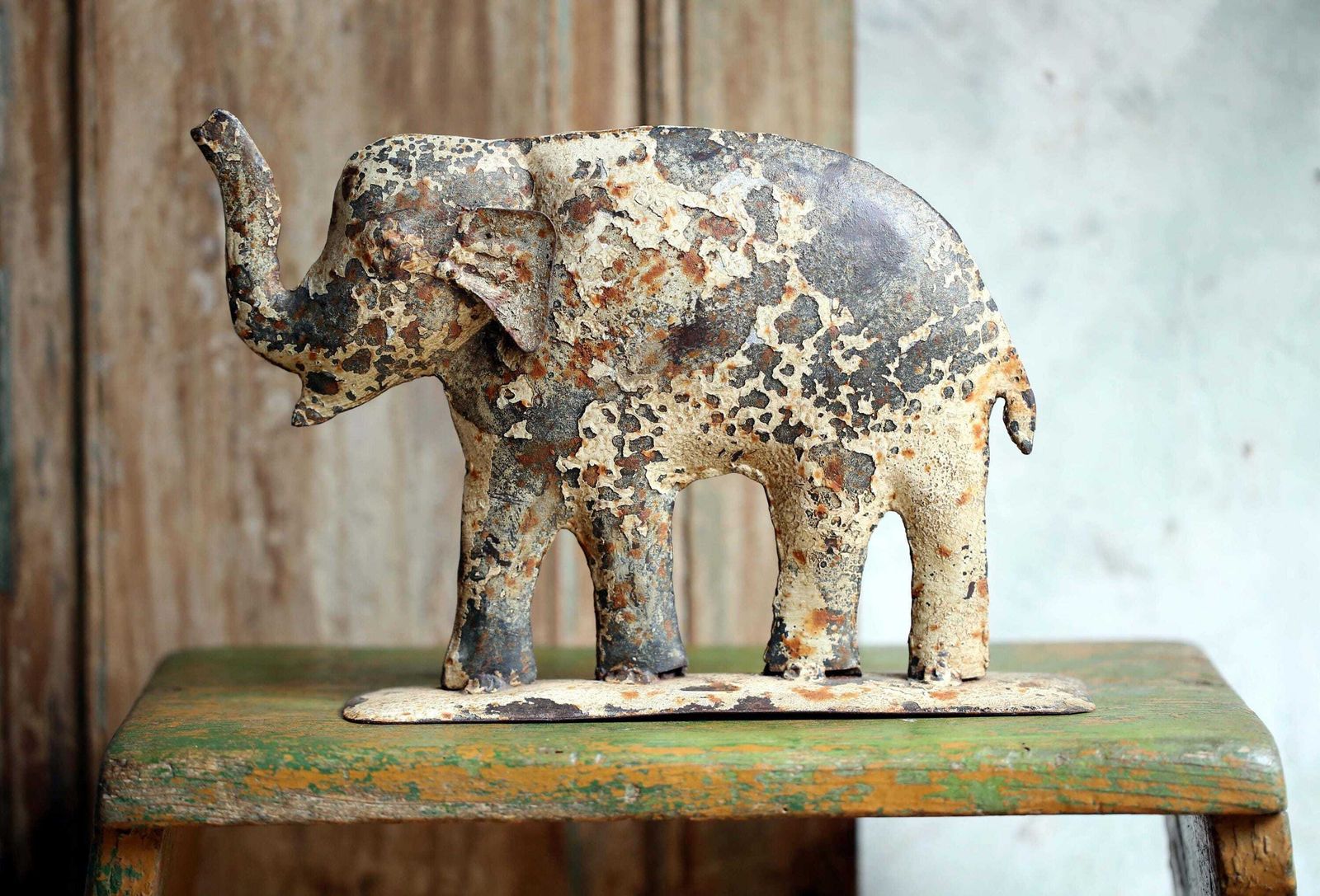 photo for sale Distressed Vintage Elephant Statue Rusty Metal Figurine