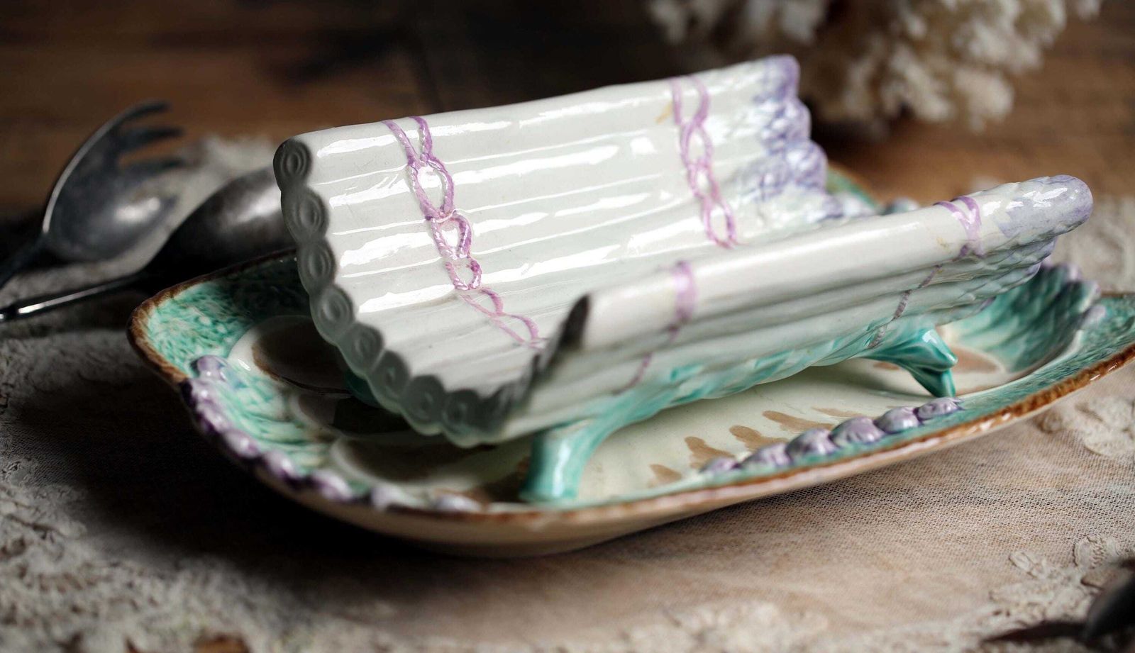 Antique Asparagus Set Drainer & Plate French Majolica Serving Platter Longchamp photo for sale