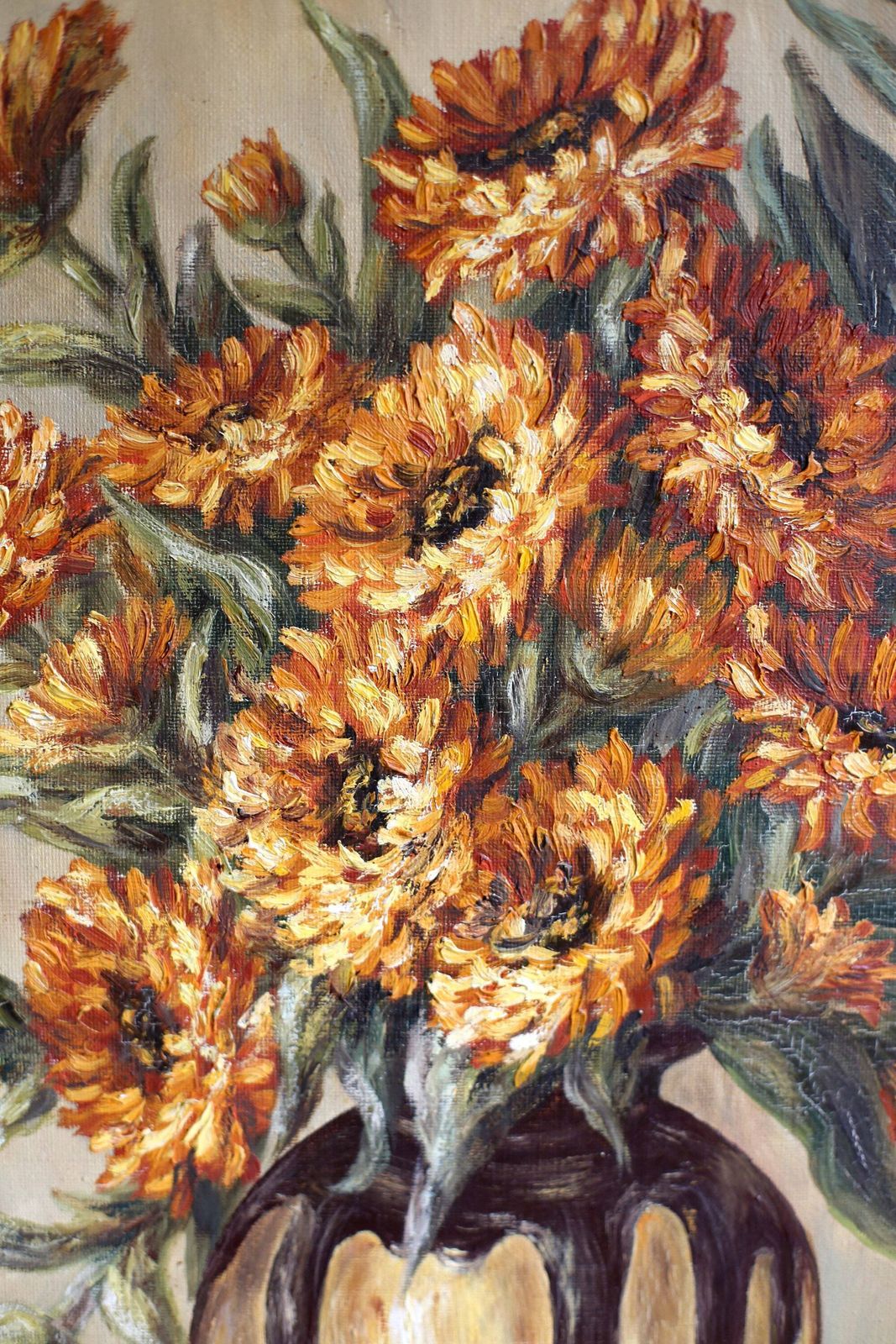 Large Chrysanthemums Oil Painting: French Impressionist Floral Still Life photo vintage