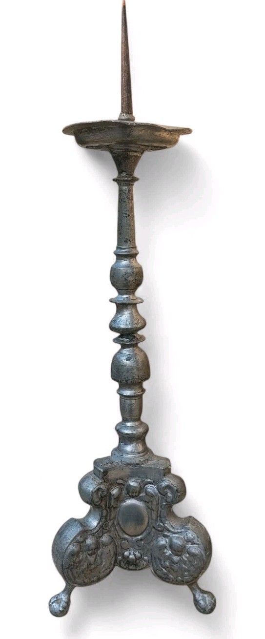 Antique Louis XIV Original Baroque Pewter Candlestick 17th/18th Century