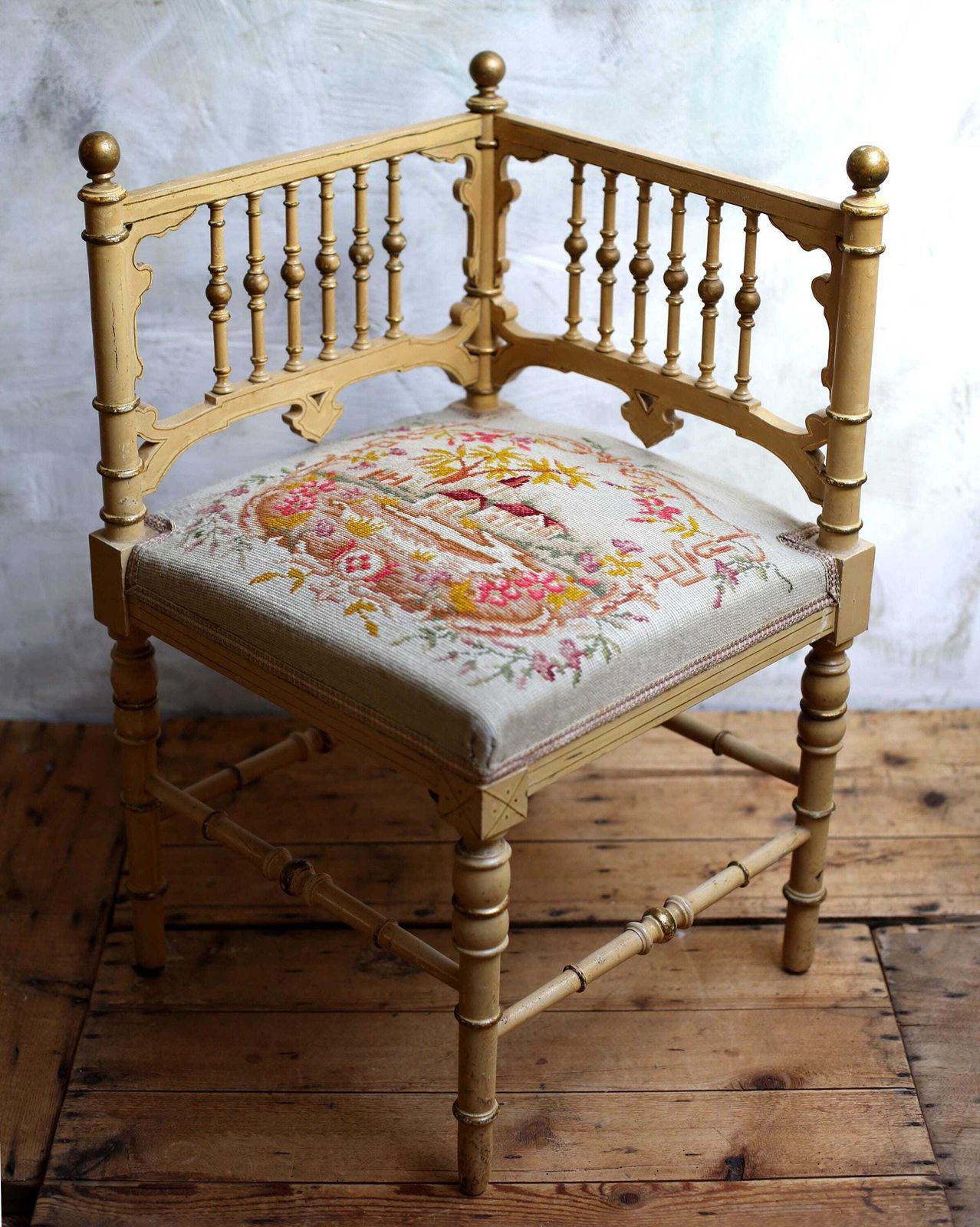 Antique French Corner Chair Small Embroidered Carved Seat