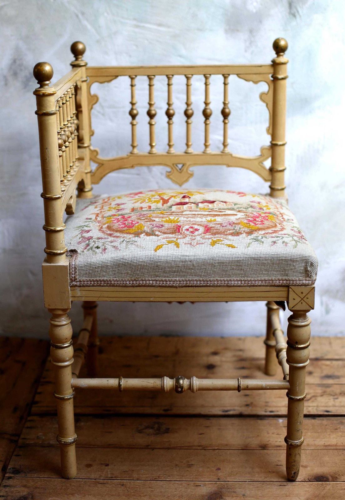 Antique French Corner Chair Small Embroidered Carved Seat photo vinterior