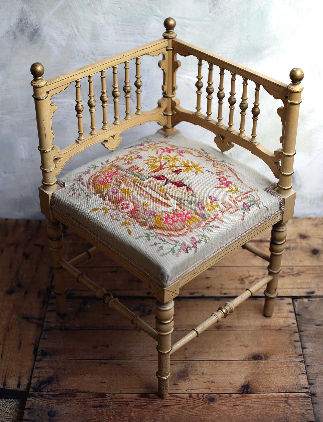 Antique French Corner Chair Small Embroidered Carved Seat photo buy