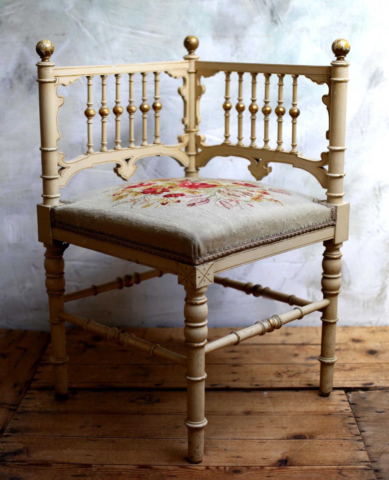 Antique French Corner Chair Small Embroidered Floral Carved Seat photo furniture