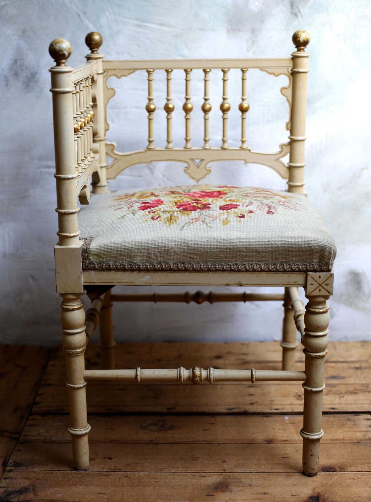 Antique French Corner Chair Small Embroidered Floral Carved Seat photo for sale