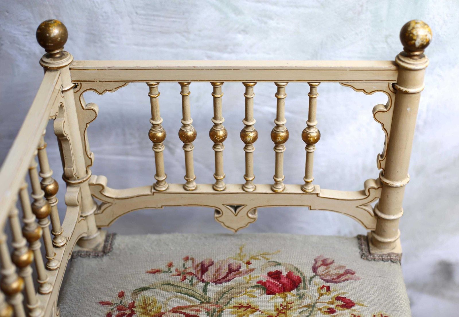 Antique French Corner Chair Small Embroidered Floral Carved Seat photo Furniture