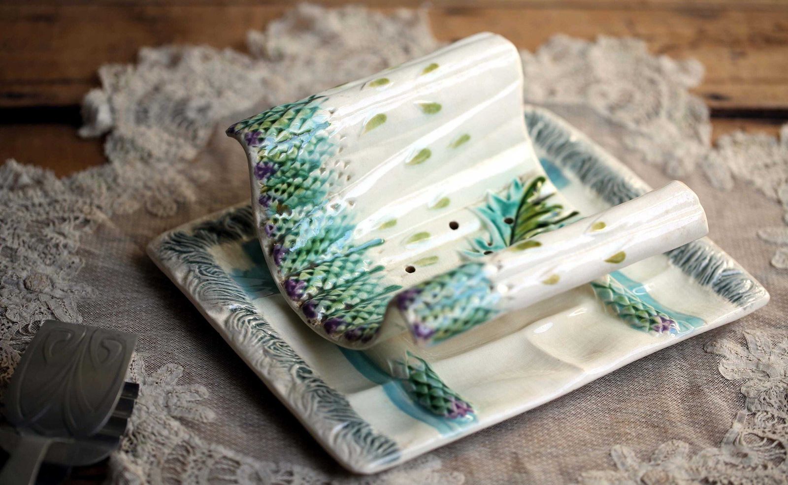 Antique Asparagus Set Drainer & Plate French Majolica Serving Platter Salins photo for sale