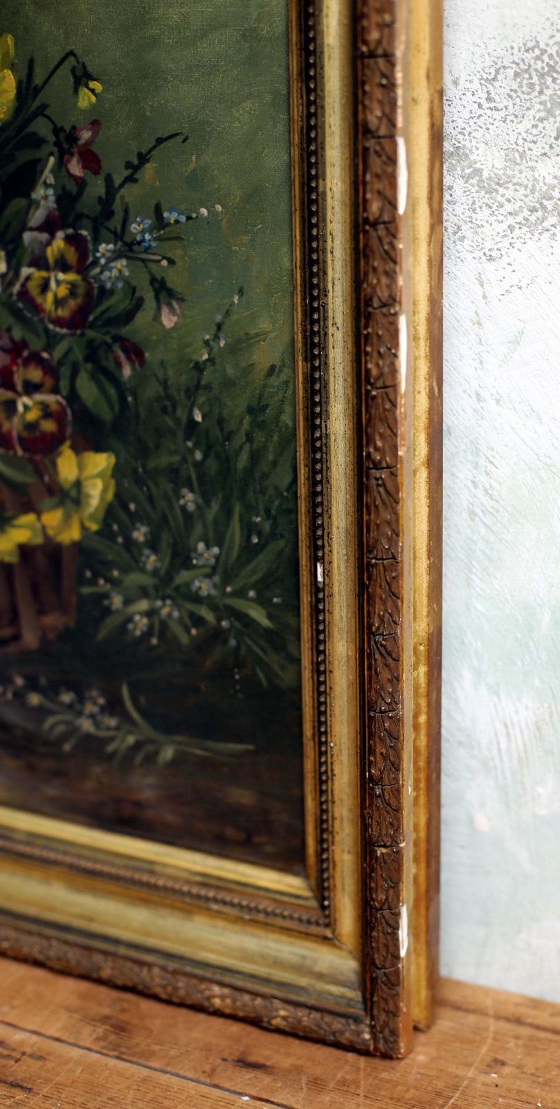 Original Antique French Oil Painting Flowers Framed Still Life Pansies Auguste Gondois photo buy