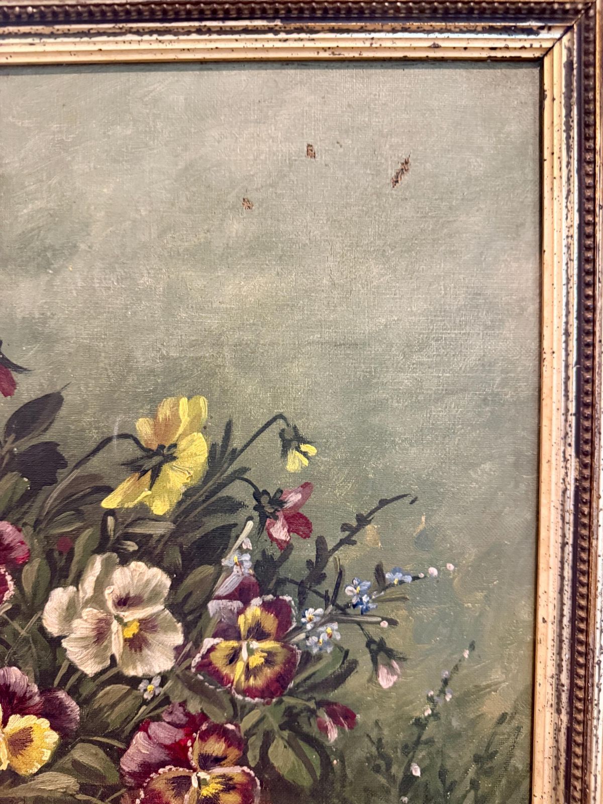 photo for sale Original Antique French Oil Painting Flowers Framed Still Life Pansies Auguste Gondois