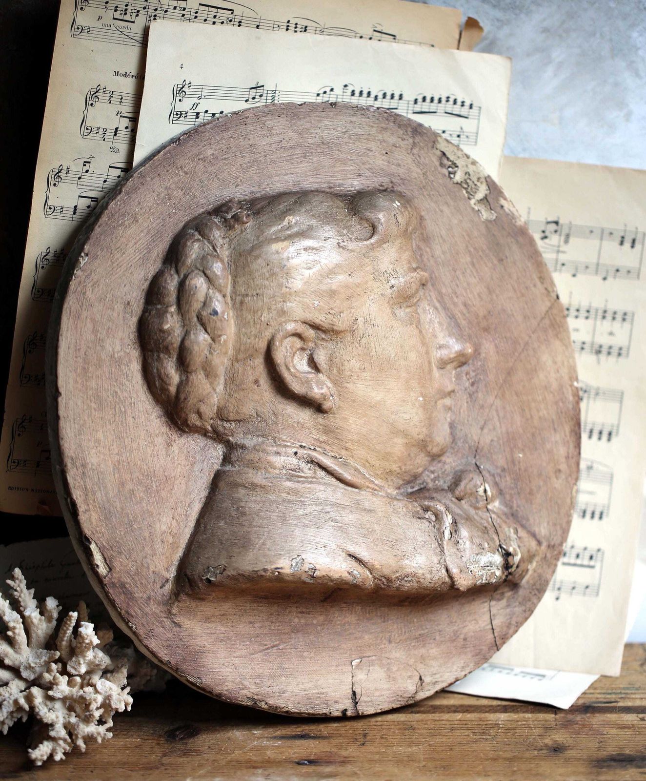 photo furniture Antique Plaster Plaque Of A Lady Oval Medallion French Low Relief Female Face Cast