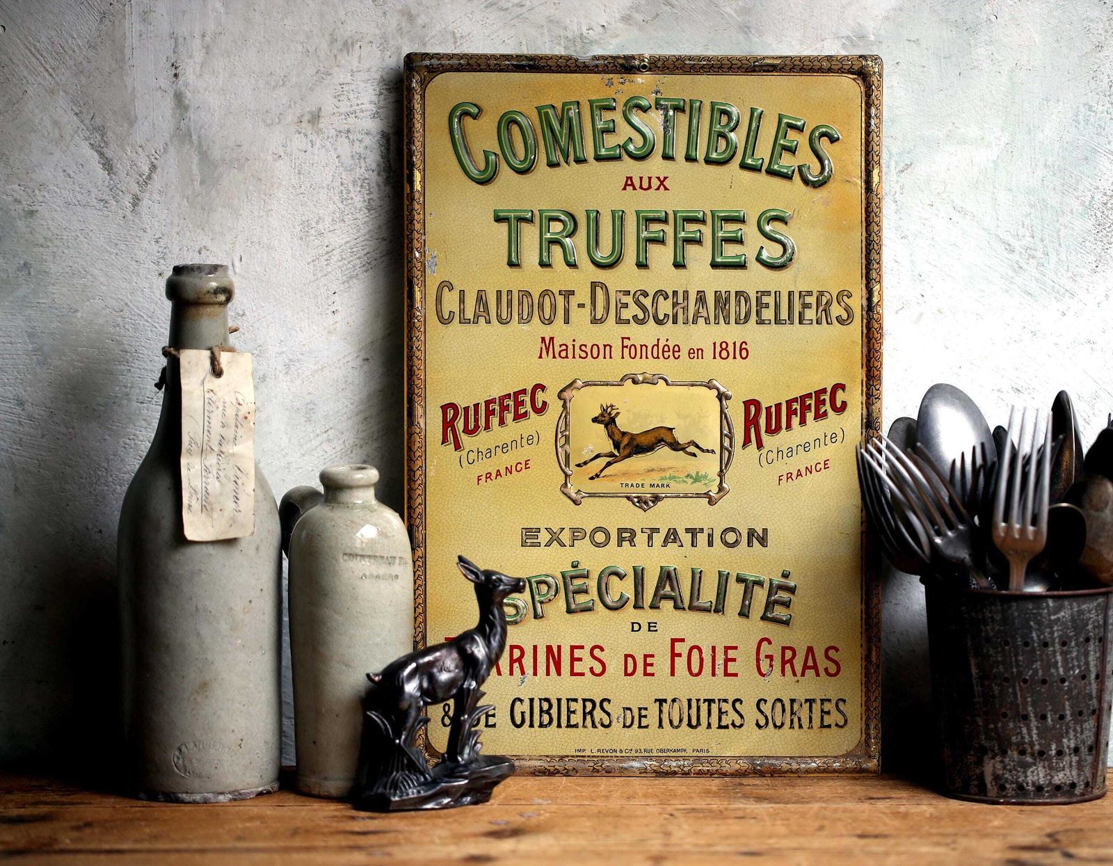 Antique Comestibles Aux Truffes Tin Sign French Billboard Tin Advertising Kitchen Plaque 1910 Truffles