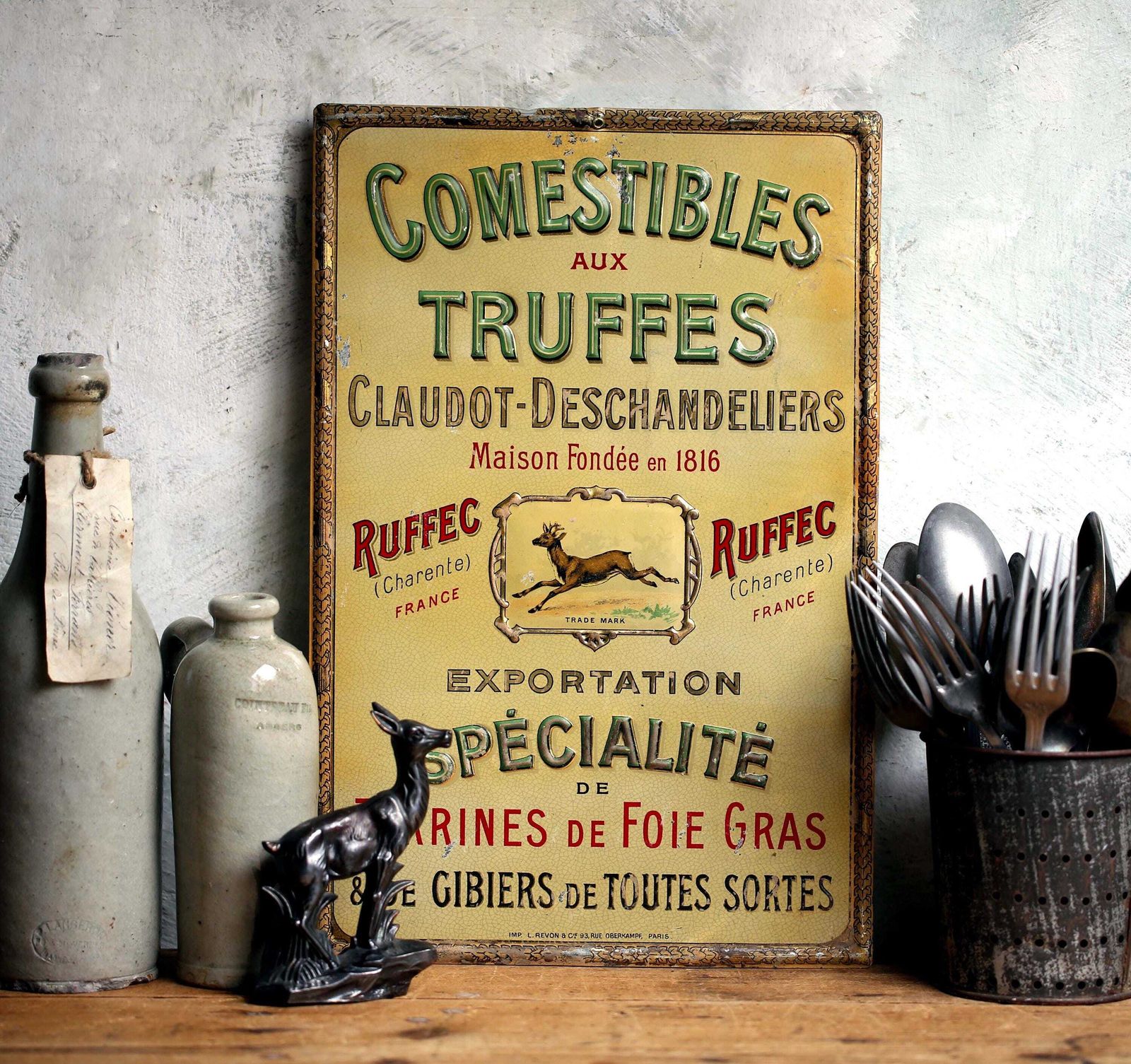 Antique Comestibles Aux Truffes Tin Sign French Billboard Tin Advertising Kitchen Plaque 1910 Truffles photo for sale