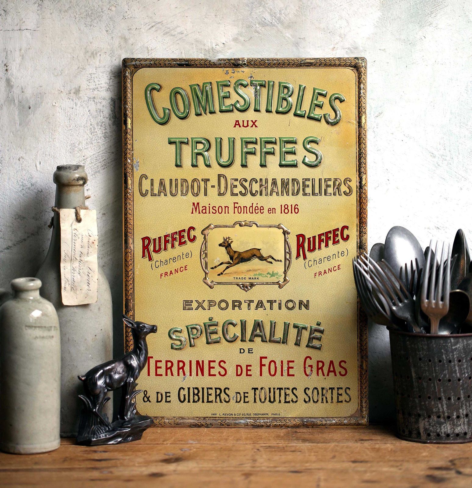 Antique Comestibles Aux Truffes Tin Sign French Billboard Tin Advertising Kitchen Plaque 1910 Truffles photo 141.0