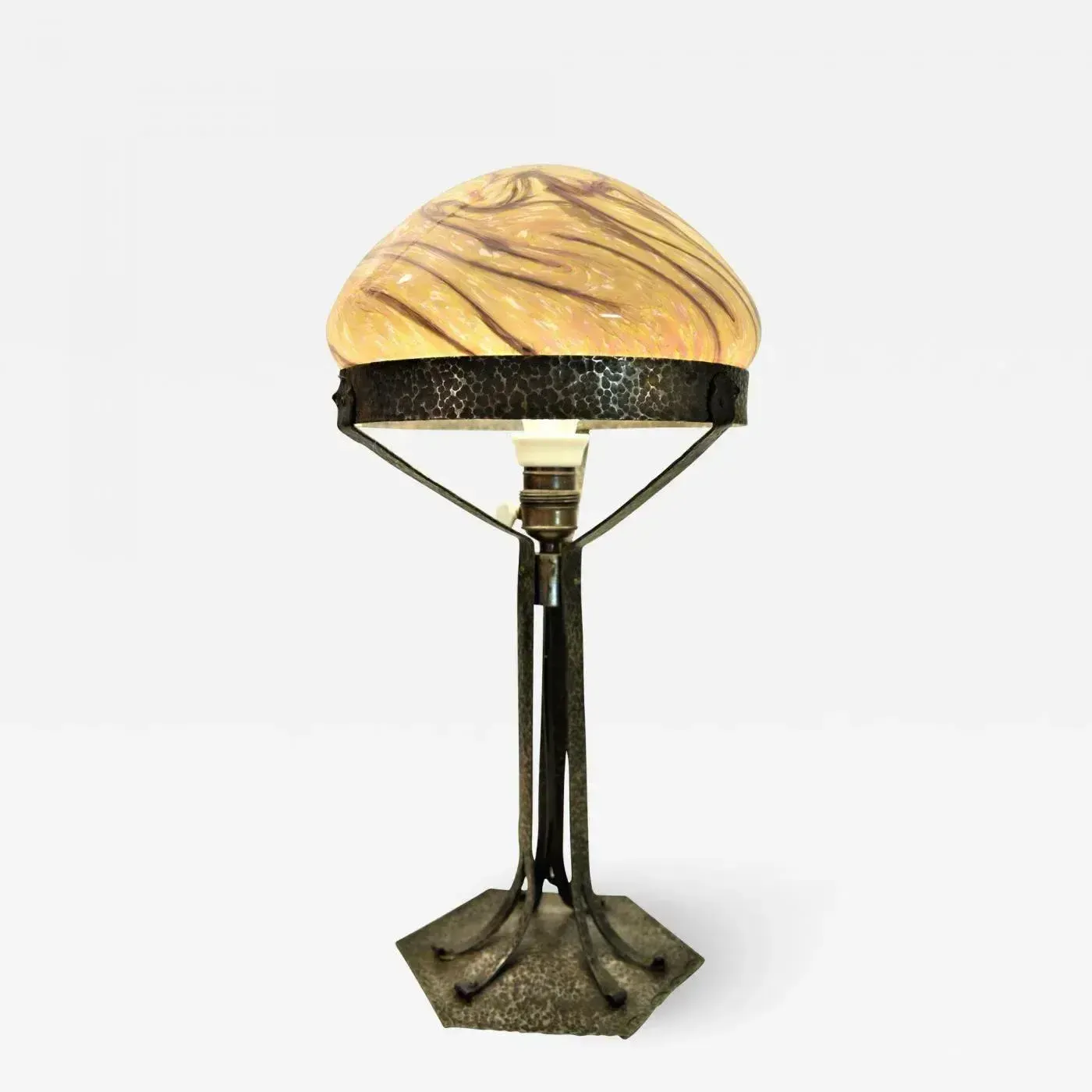 photo vinterior Large Art Nouveau Wrought Iron, Glass Table Lamp From Jugendstil, Sweden, 1925