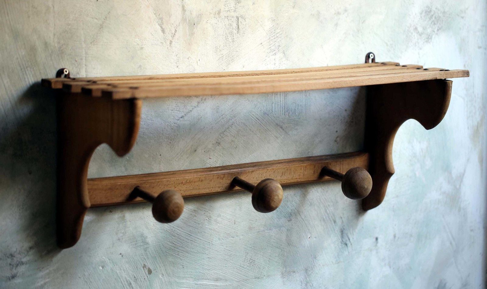 Antique French Coat Rack With 3 Pegs & Shelf Wooden Hat Hooks photo for sale