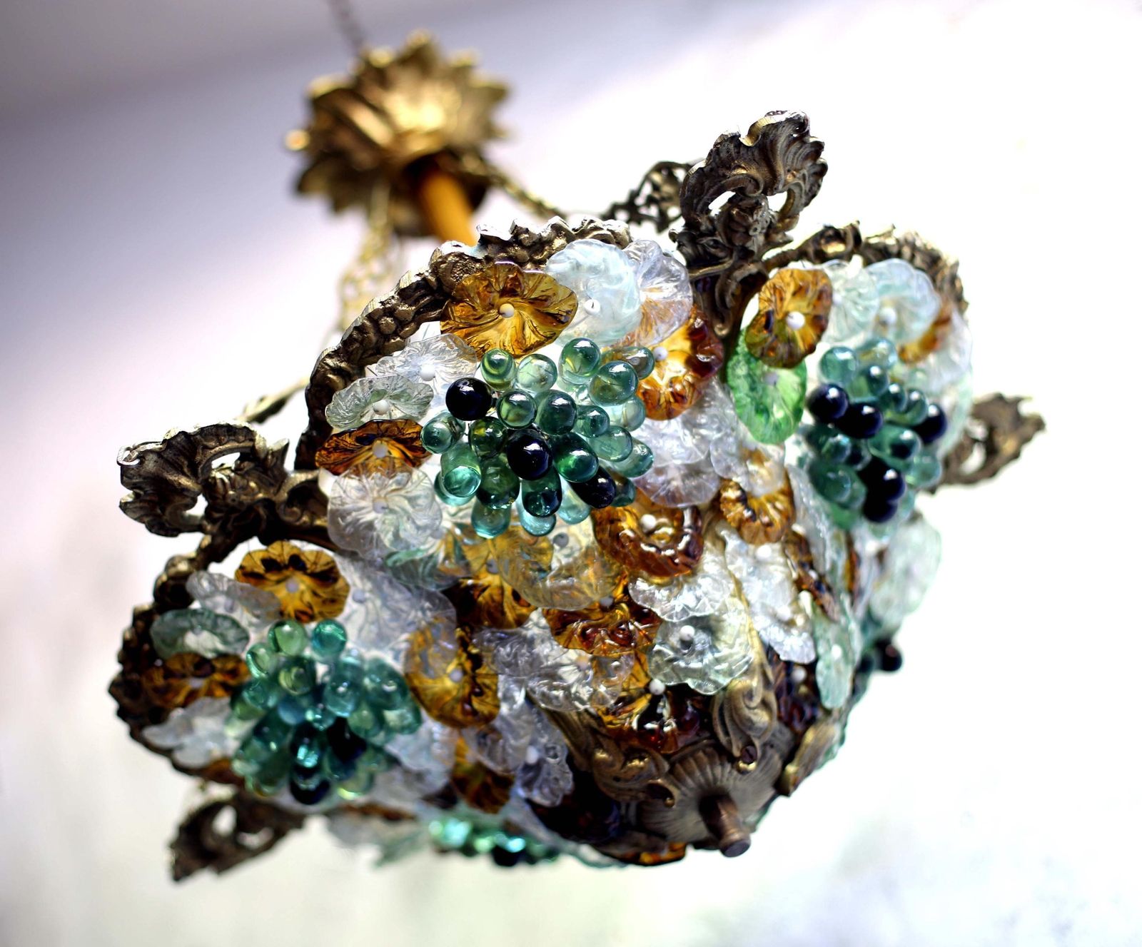 Antique Murano Glass Fruit Ceiling Light Flowers & Grapes Working Chandelier Plafonnier