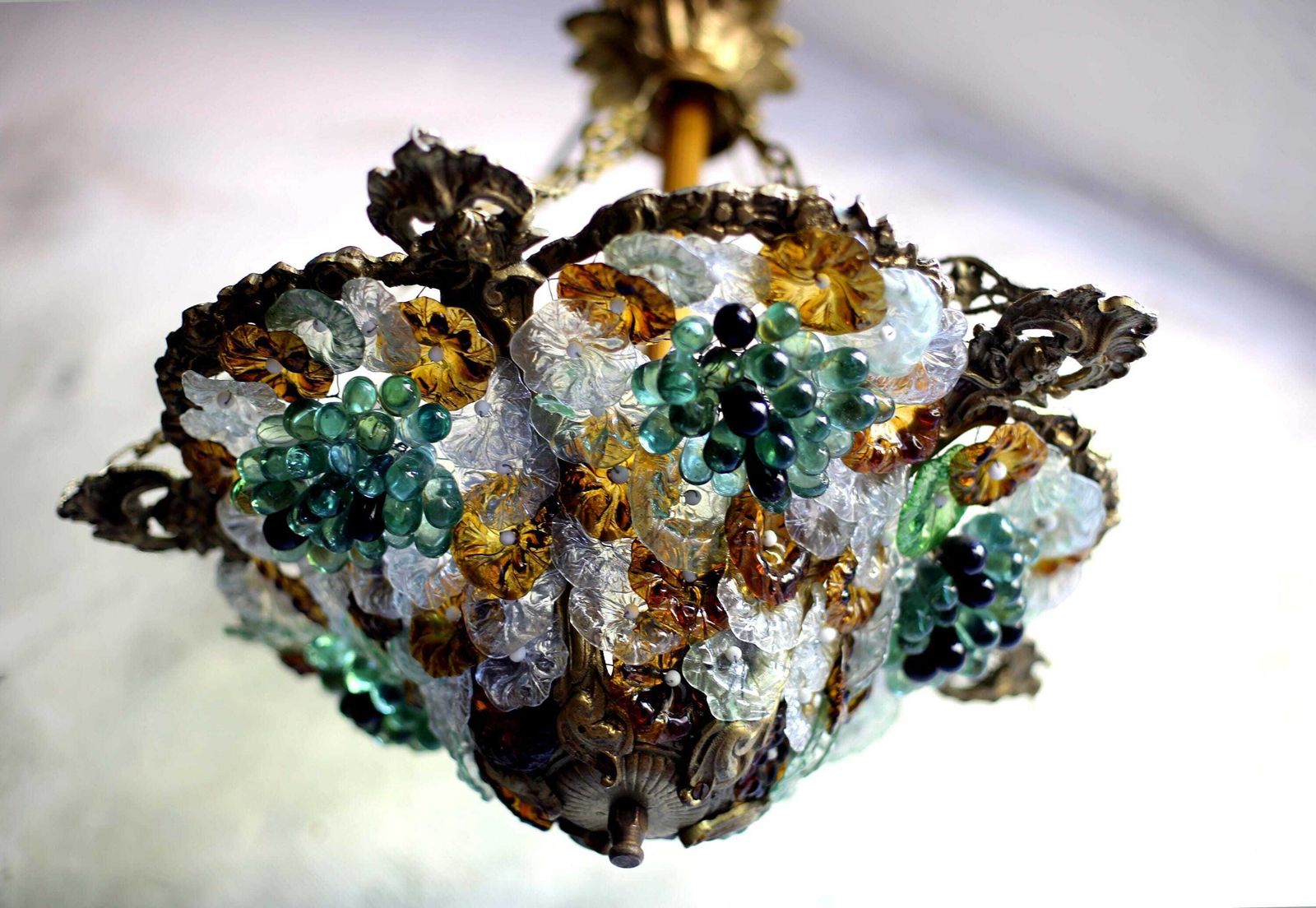 Antique Murano Glass Fruit Ceiling Light Flowers & Grapes Working Chandelier Plafonnier photo for sale
