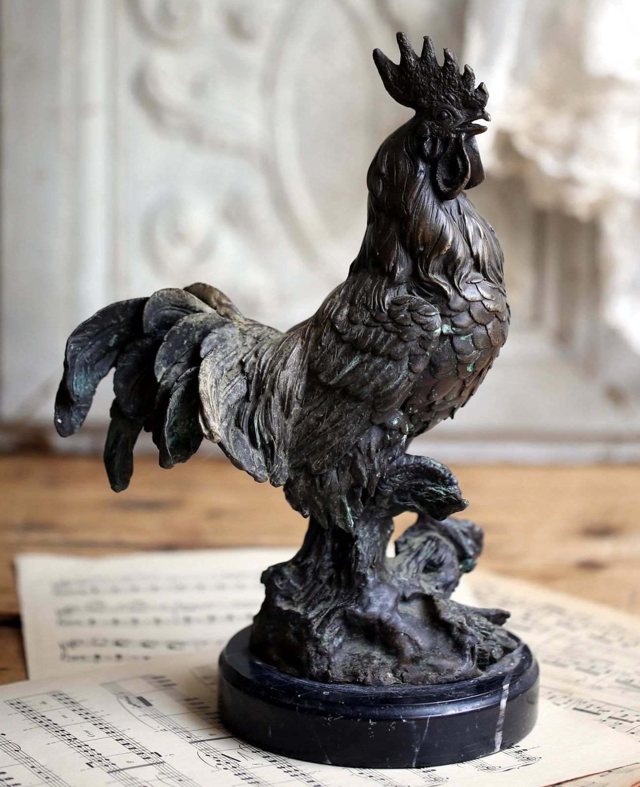 Antique Bronze Cockerel Statue French Rooster Figurine With Marble Base Art Nouveau photo for sale