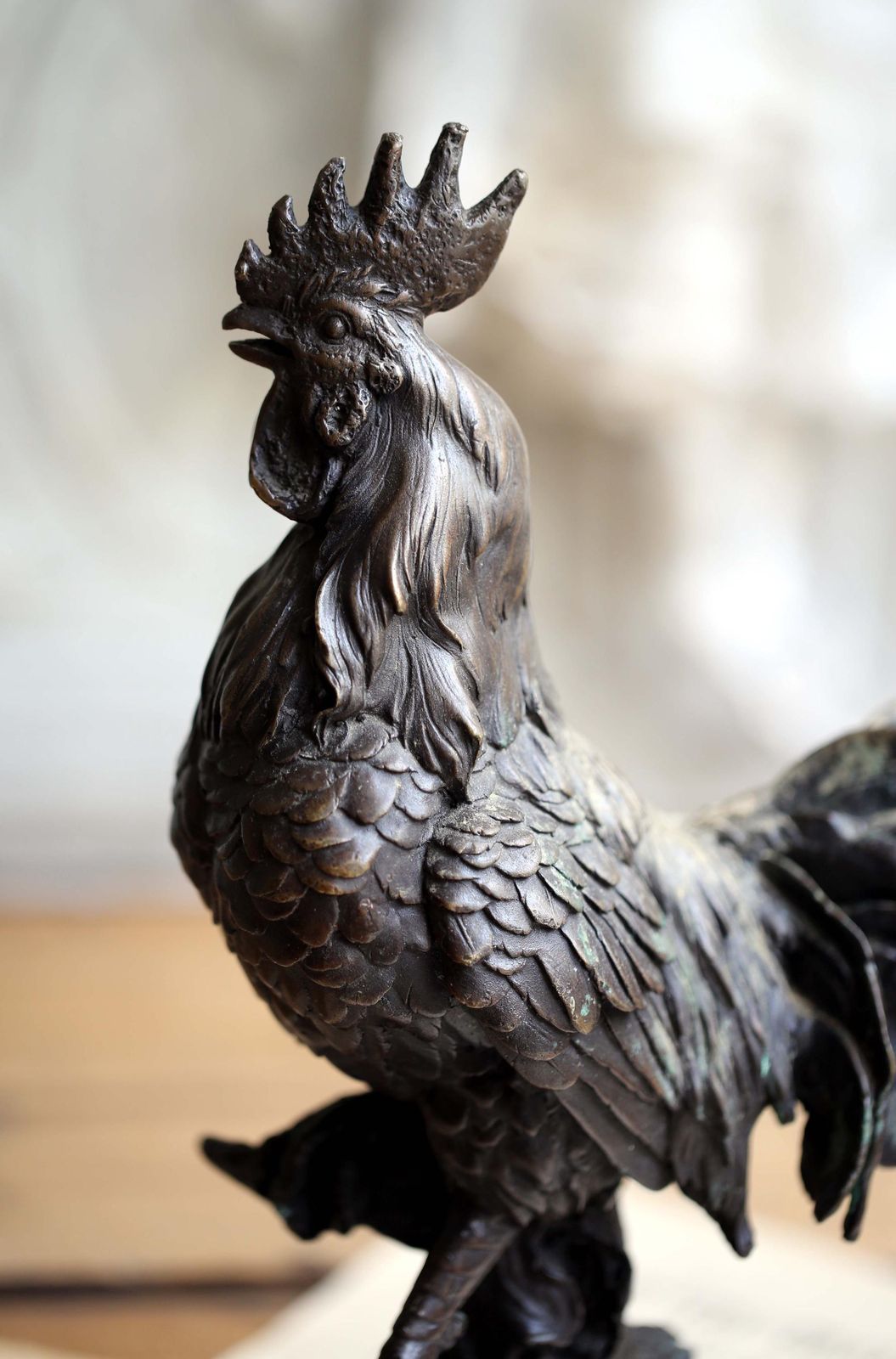 Antique Bronze Cockerel Statue French Rooster Figurine With Marble Base Art Nouveau photo vintage
