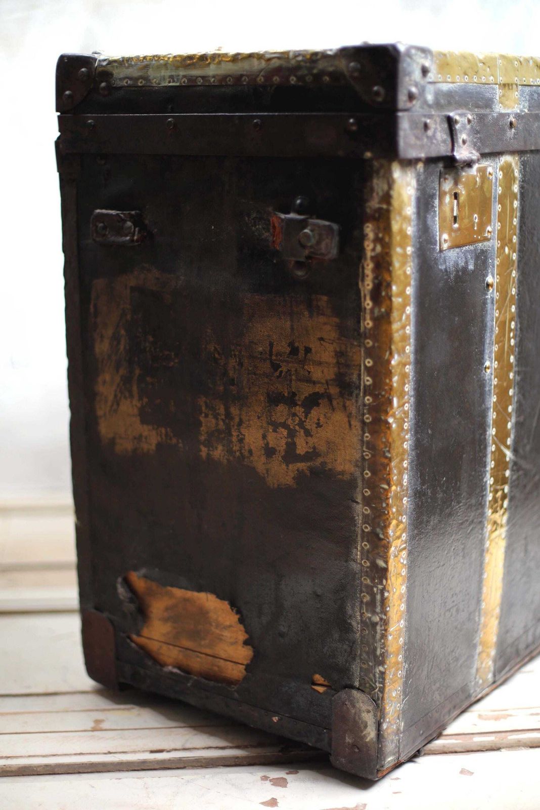 Large Antique Studded Chest Steamer Trunk Monogram In Brass Studs Wooden Black Storage Box photo buy