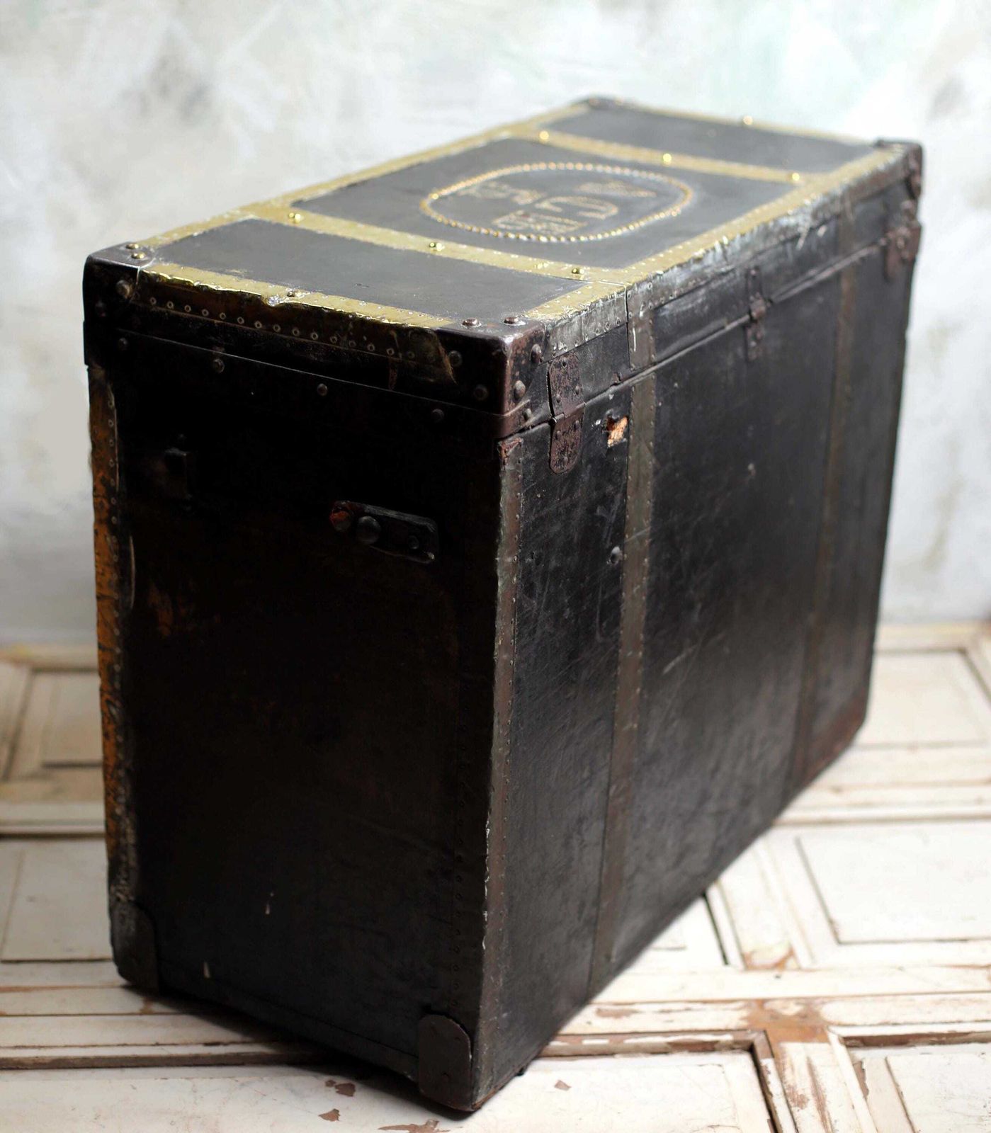 Large Antique Studded Chest Steamer Trunk Monogram In Brass Studs Wooden Black Storage Box photo vintage
