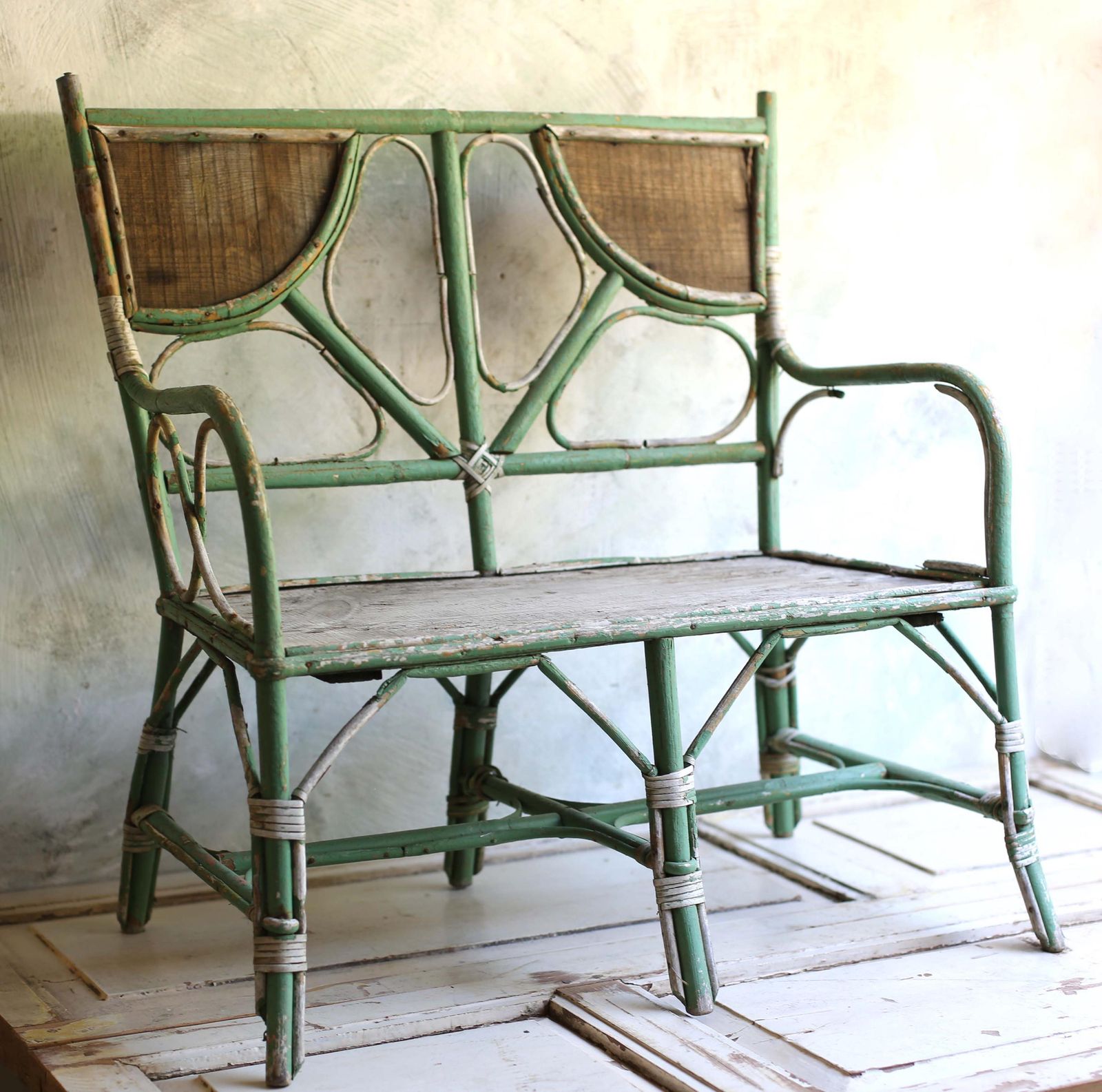 Antique Child Bench Small Bentwood Seat Children Chippy Green French Garden Chair photo for sale
