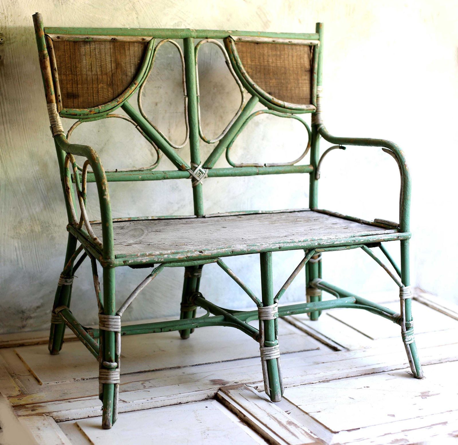 photo furniture Antique Child Bench Small Bentwood Seat Children Chippy Green French Garden Chair