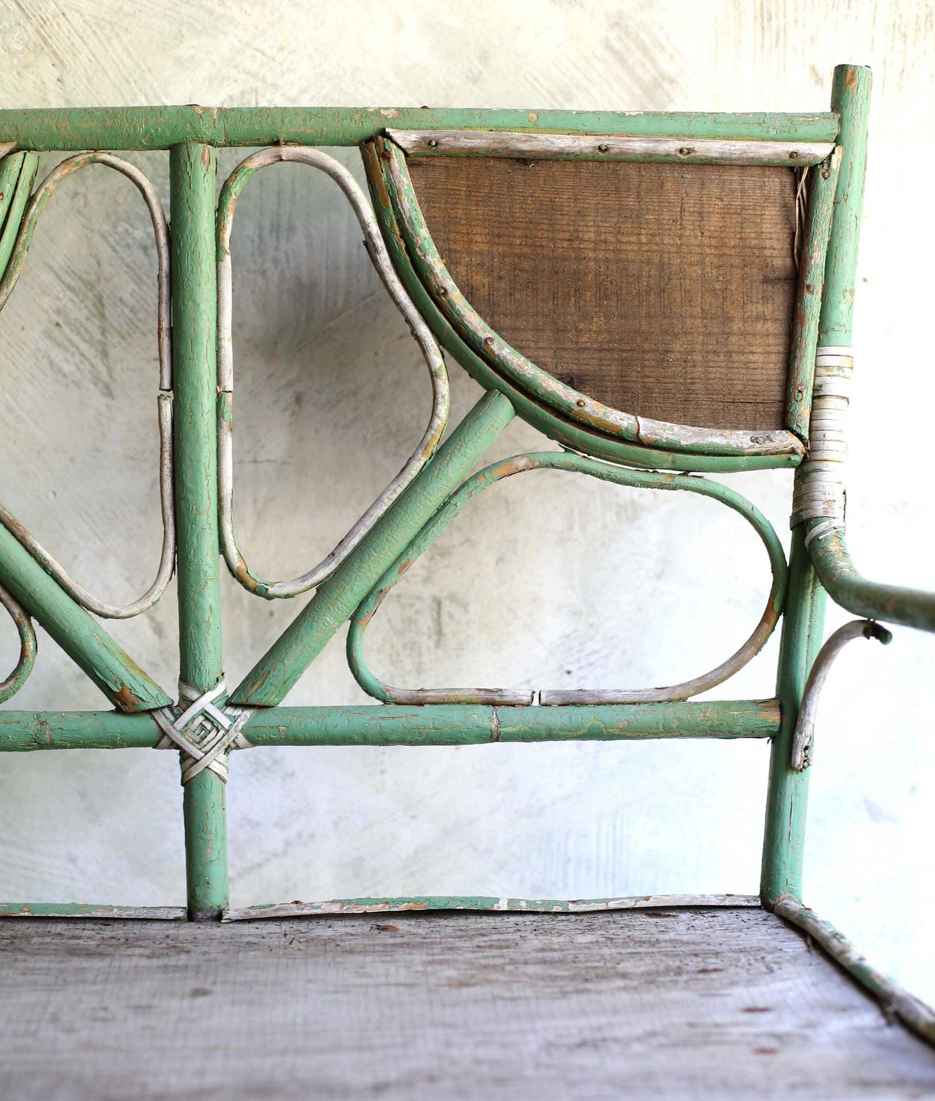 photo for sale Antique Child Bench Small Bentwood Seat Children Chippy Green French Garden Chair