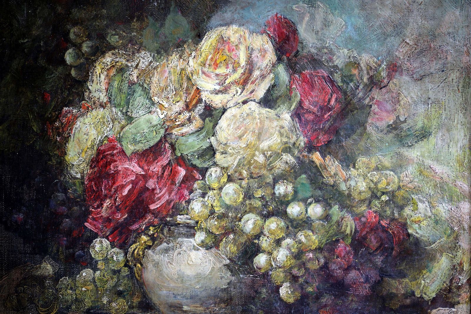 Antique Floral Oil Painting: Georges Jeannin French Still Life, Roses, Framed Canvas Art photo furniture