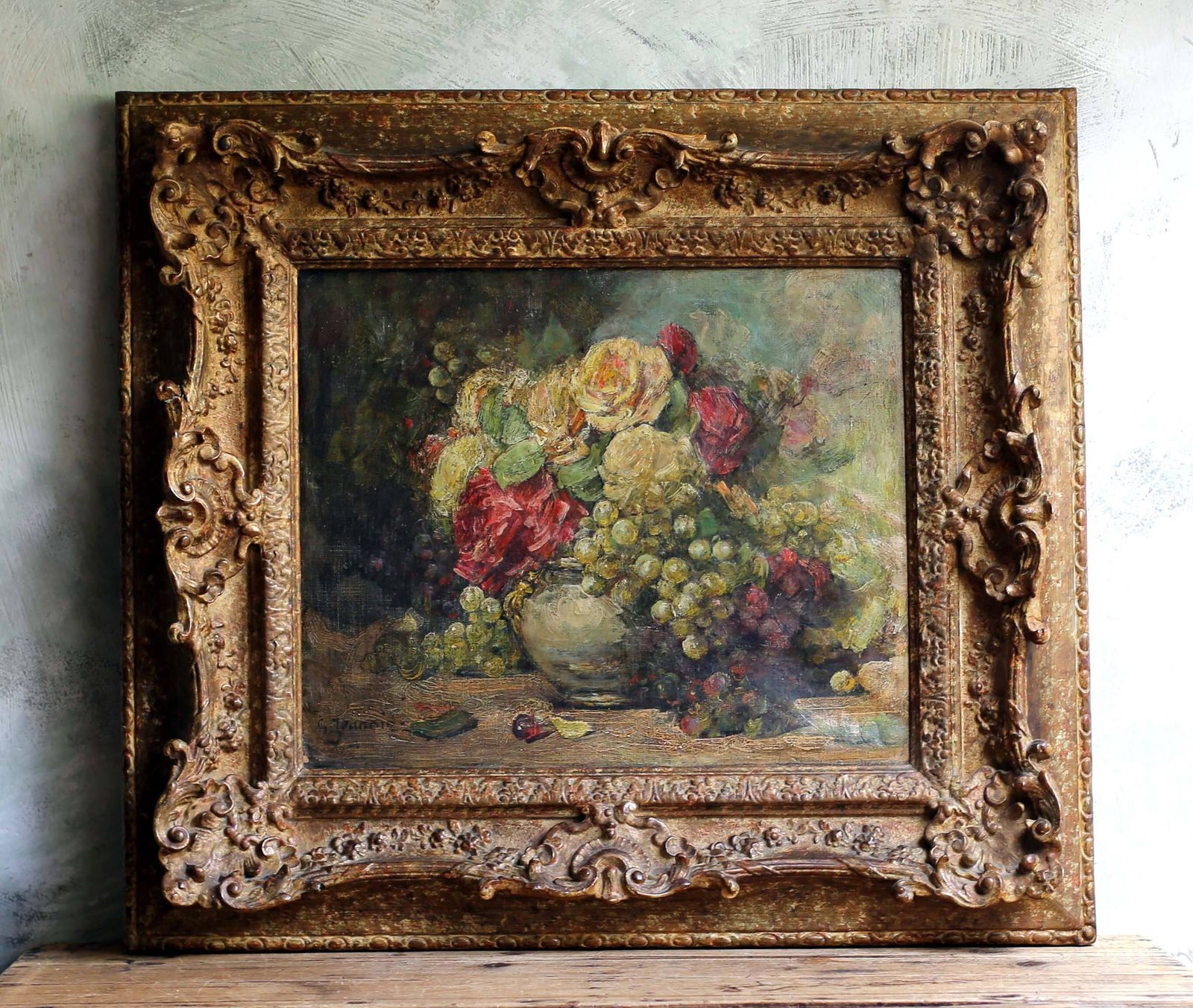 photo furniture Antique Floral Oil Painting: Georges Jeannin French Still Life, Roses, Framed Canvas Art