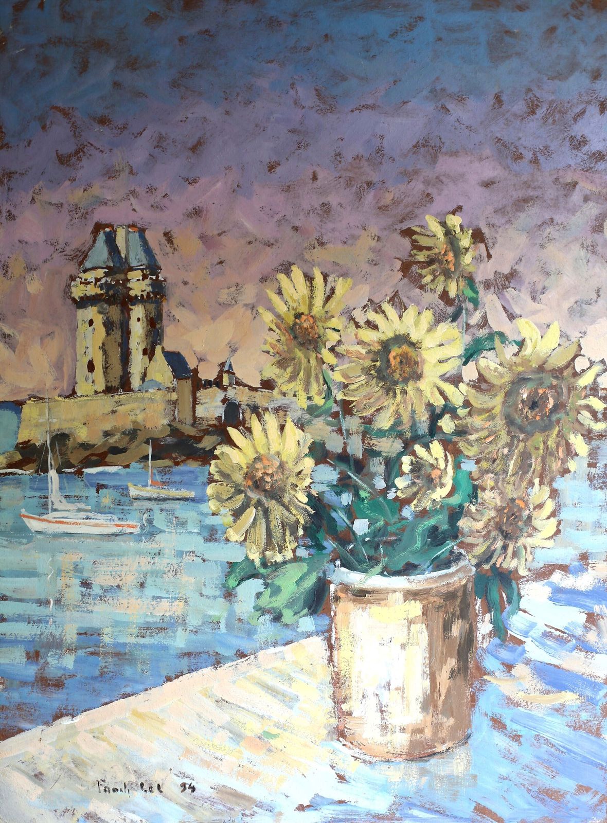 French Impressionist Sunflower Oil Painting: Tour Solidor Seascape photo furniture