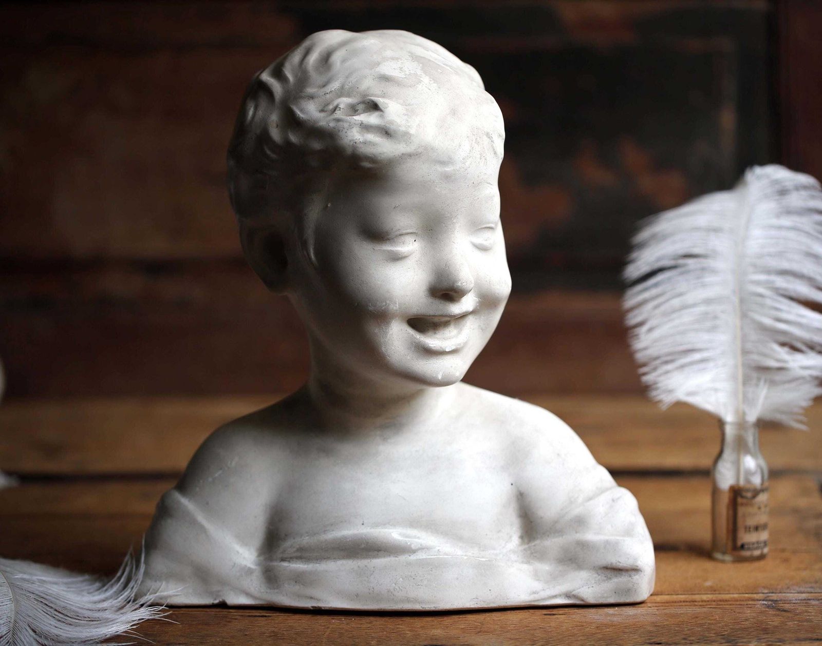 photo furniture Large Antique Bust Laughing Child Plaster Statue Of A Boy Desiderio Da Settignano
