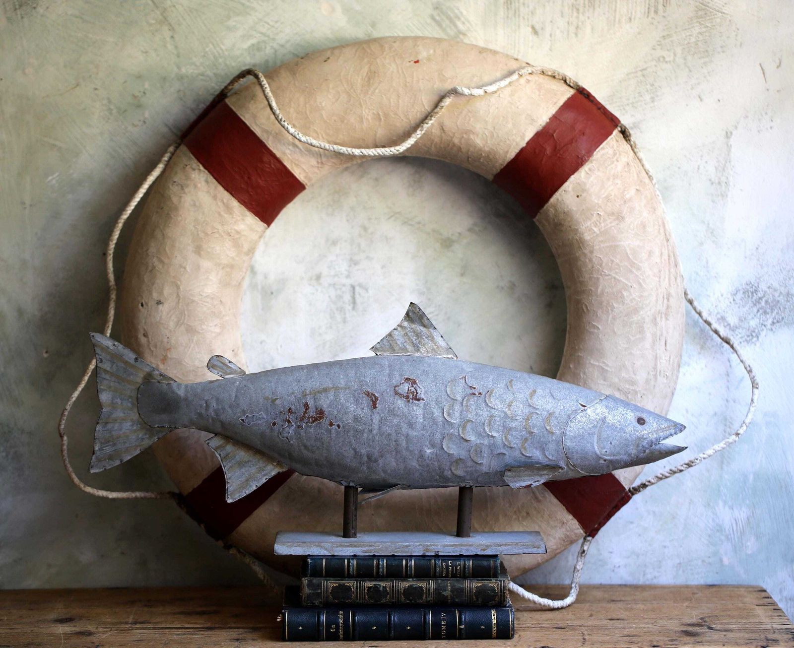 Large Zinc Fish Vintage Metal Model Art Statue With Stand
