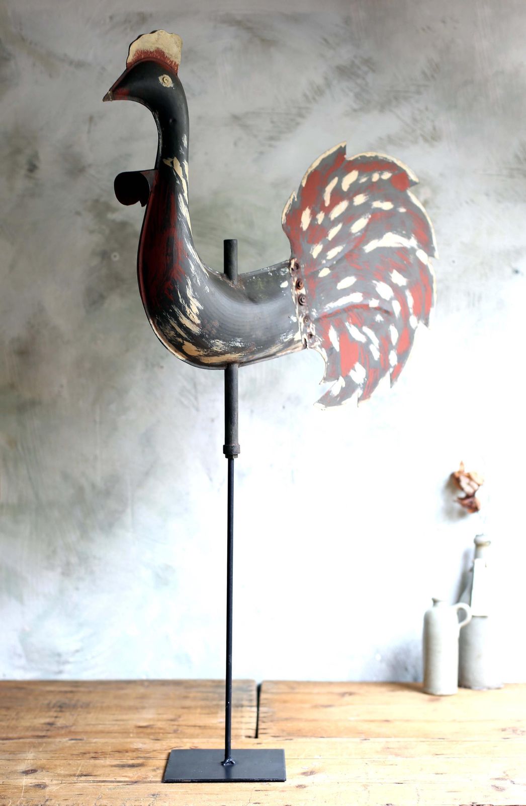 Antique Primitive Cockerel Weather Vane Early French Painted Tin Rooster Roof Ornament Folk Art photo vintage