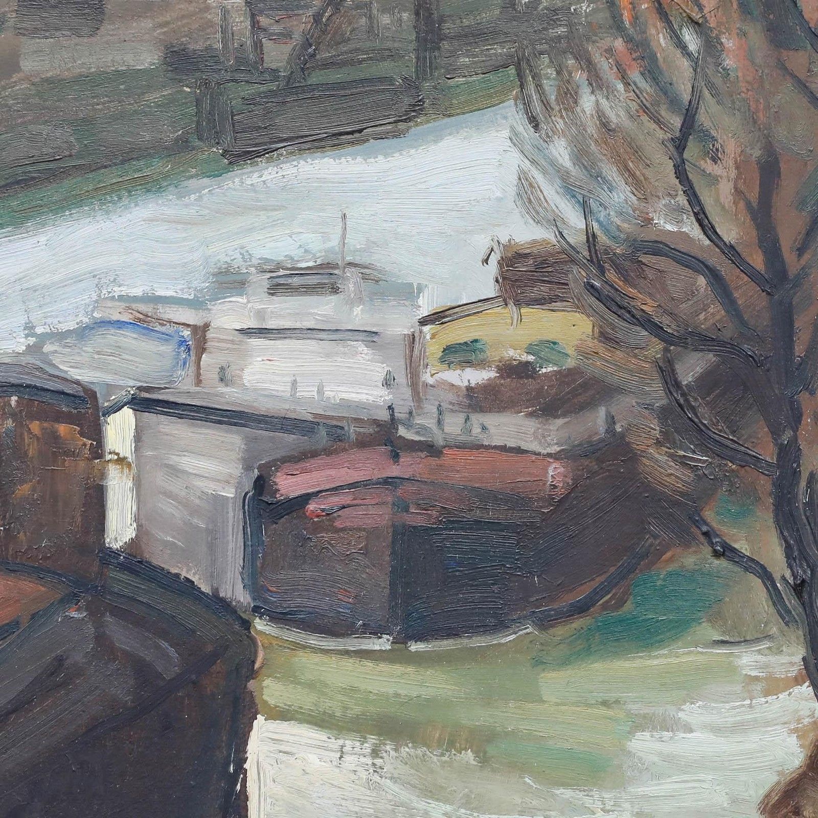 French School Mid 20th Century Oil Barges On The Seine photo Art