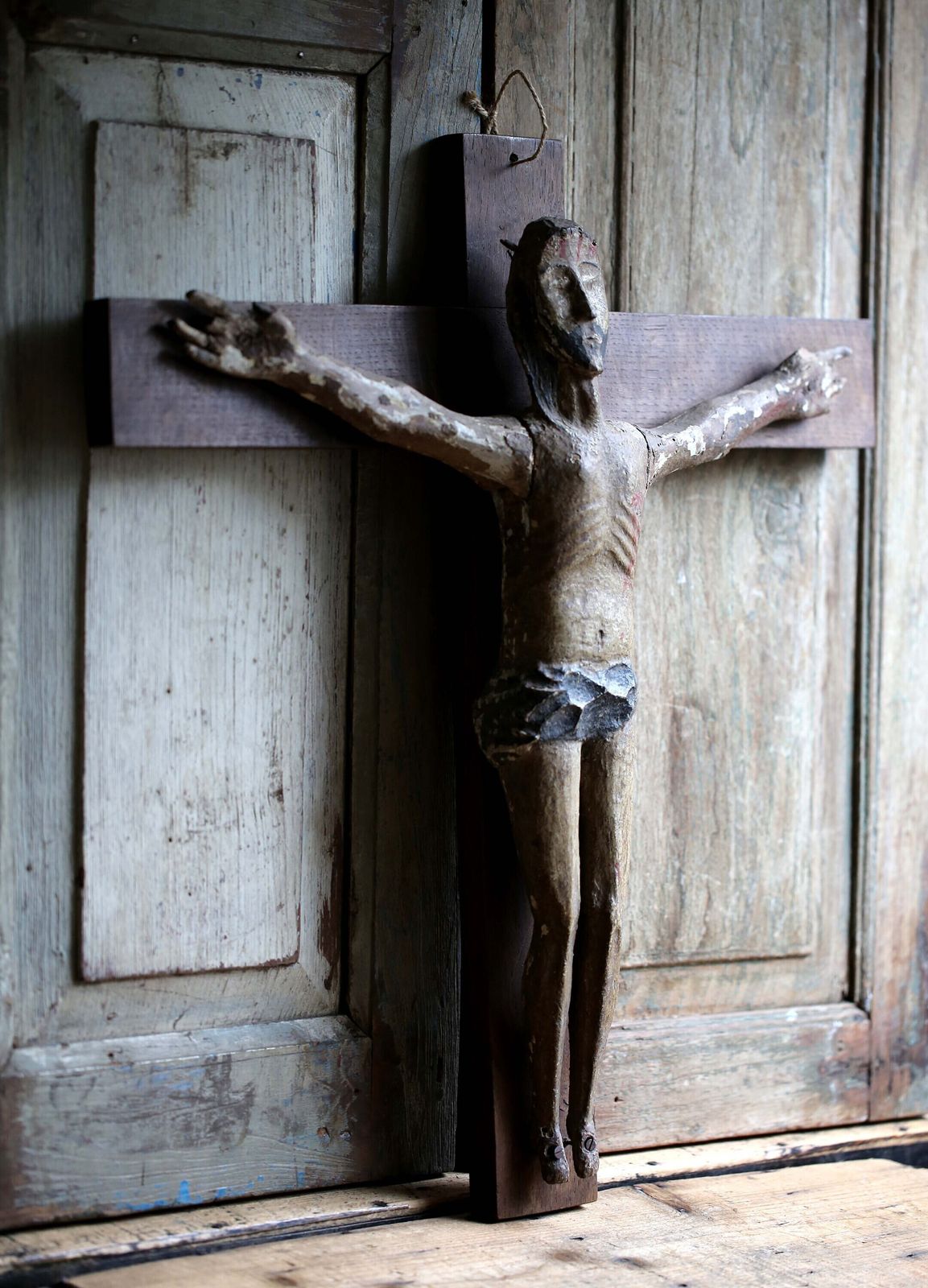 Antique Polychrome Christ Figure Carved Wooden Crucifix Romanesque Style photo furniture