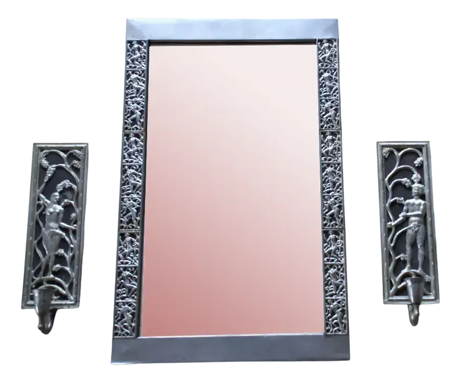 Swedish Grace Period Mirror And Candleholder Sconces In Pewter By David Wretling, 1920s, Set Of 3