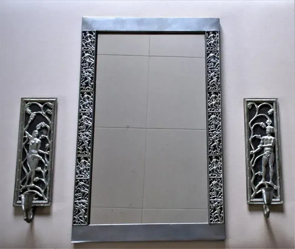 Swedish Grace Period Mirror And Candleholder Sconces In Pewter By David Wretling, 1920s, Set Of 3 photo furniture