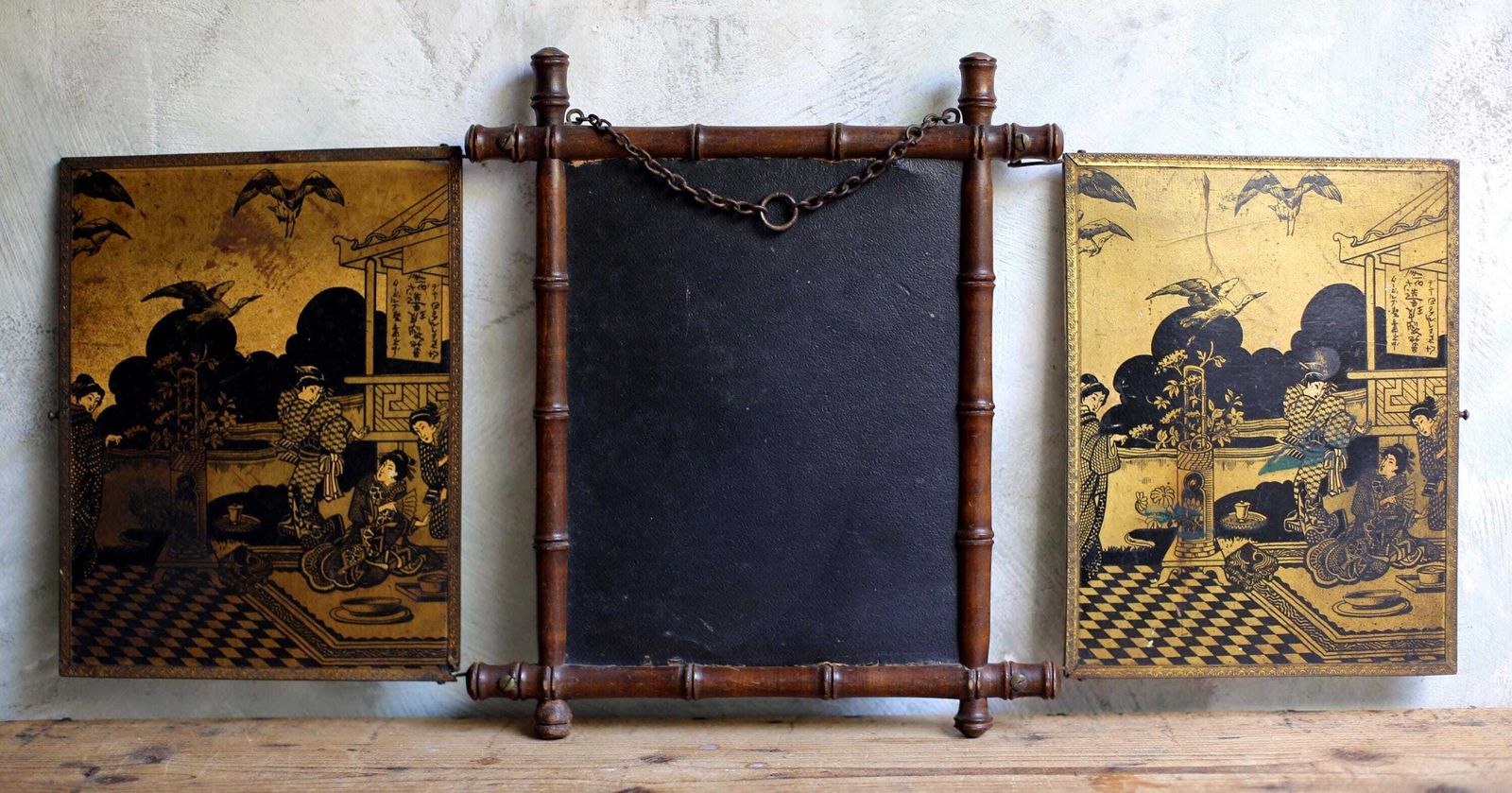Antique French Folding Vanity Mirror: Foxed Mercury Glass, Faux Bamboo photo for sale