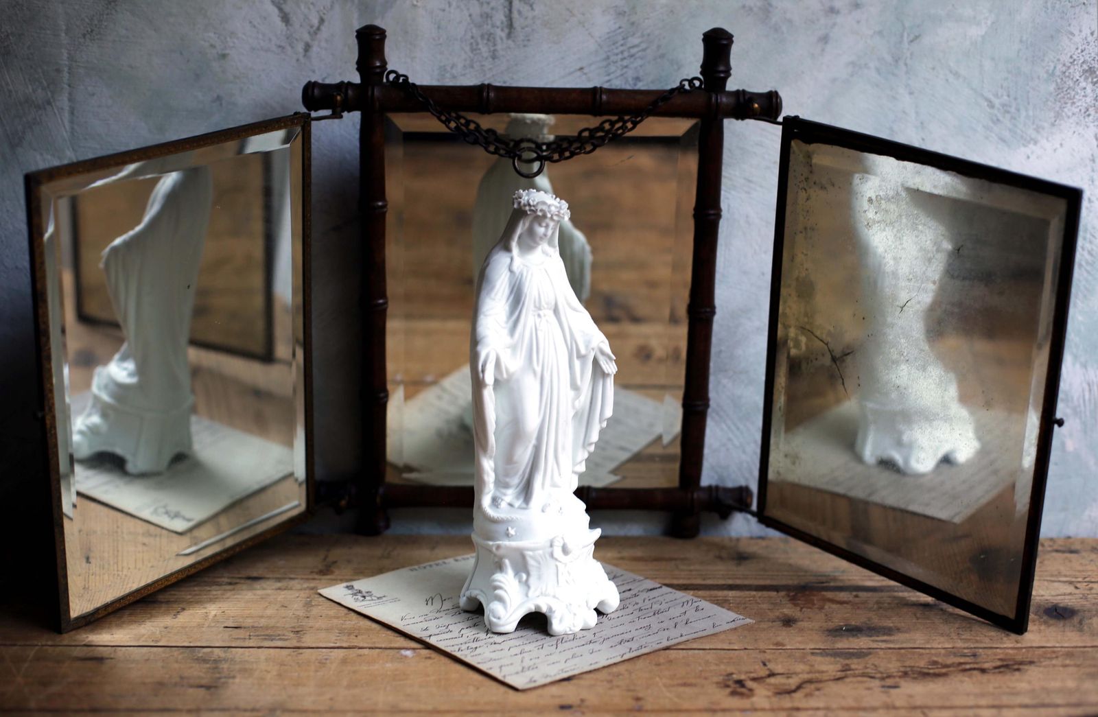 Antique French Folding Vanity Mirror: Foxed Mercury Glass, Faux Bamboo photo Home Decor