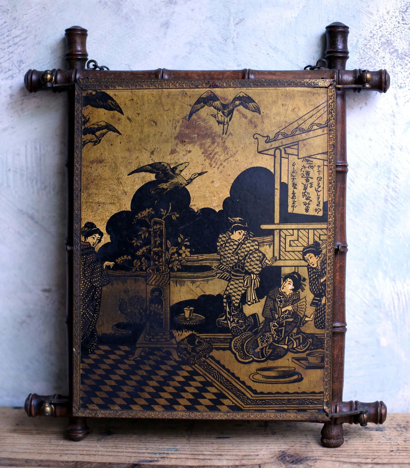 photo for sale Antique French Folding Vanity Mirror: Foxed Mercury Glass, Faux Bamboo