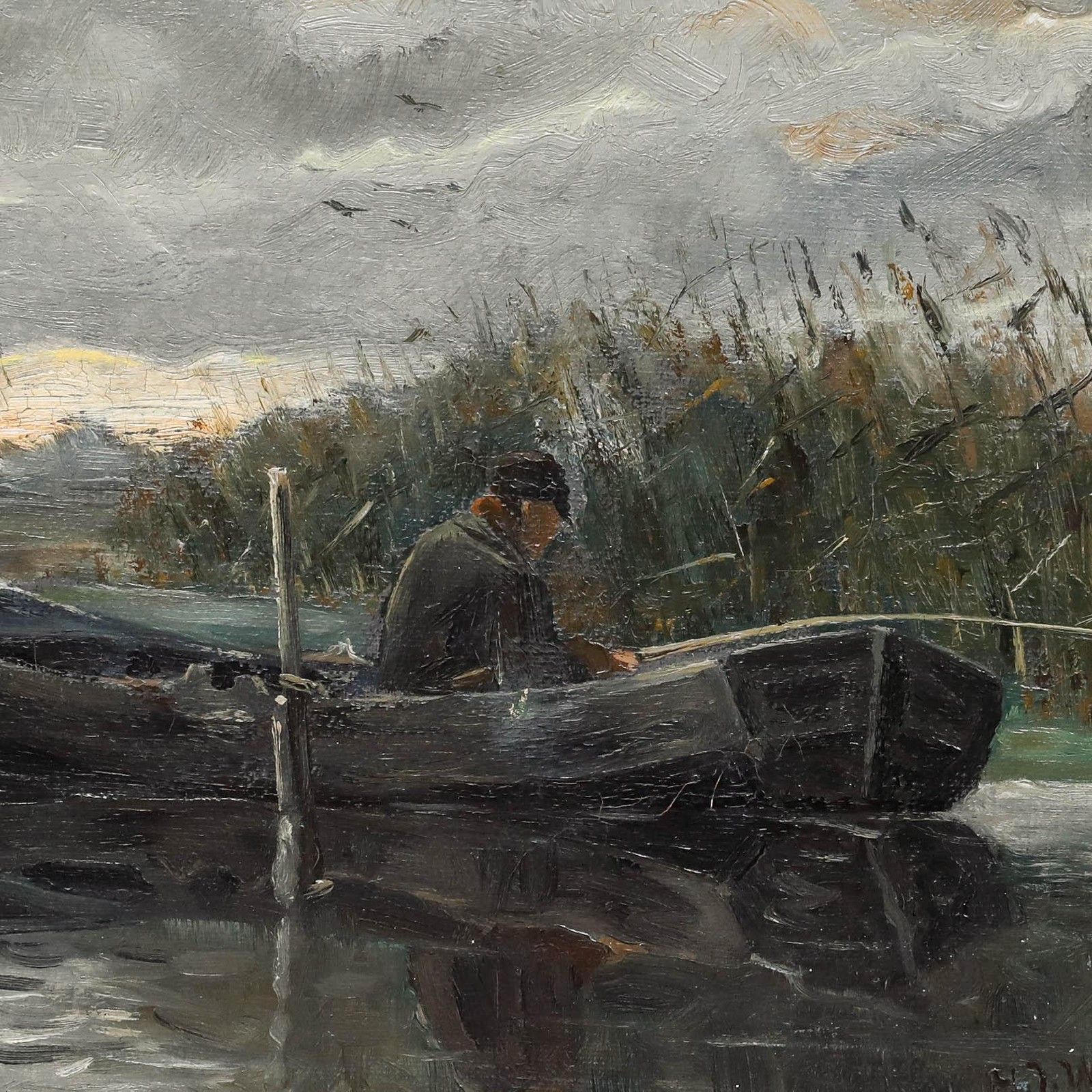 H.J. Wolff (B.1876) Dutch School Early 20th Century Oil, Fishing On The River photo Art