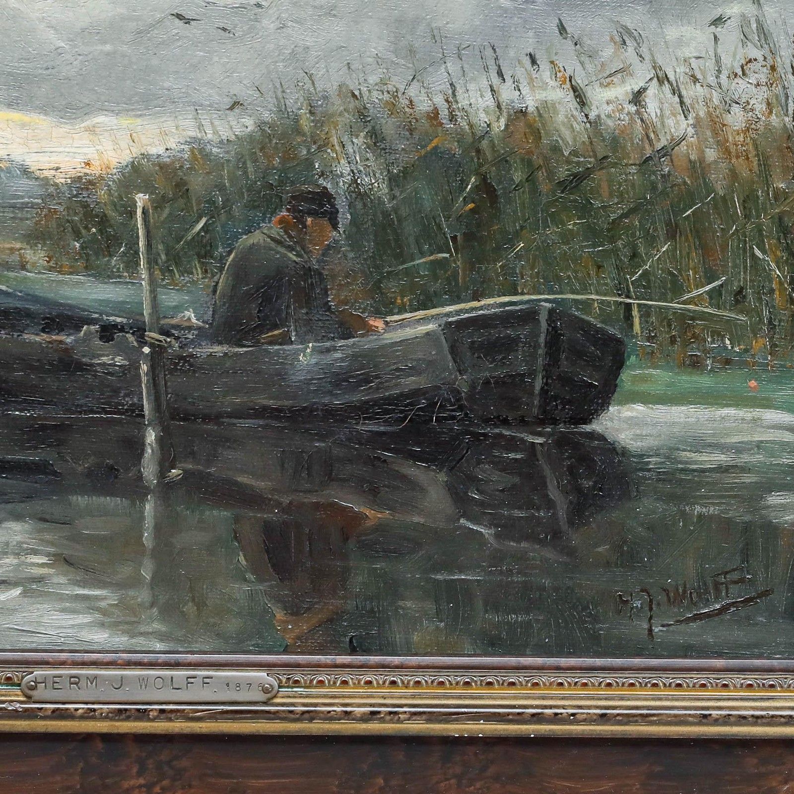 H.J. Wolff (B.1876) Dutch School Early 20th Century Oil, Fishing On The River photo vinterior