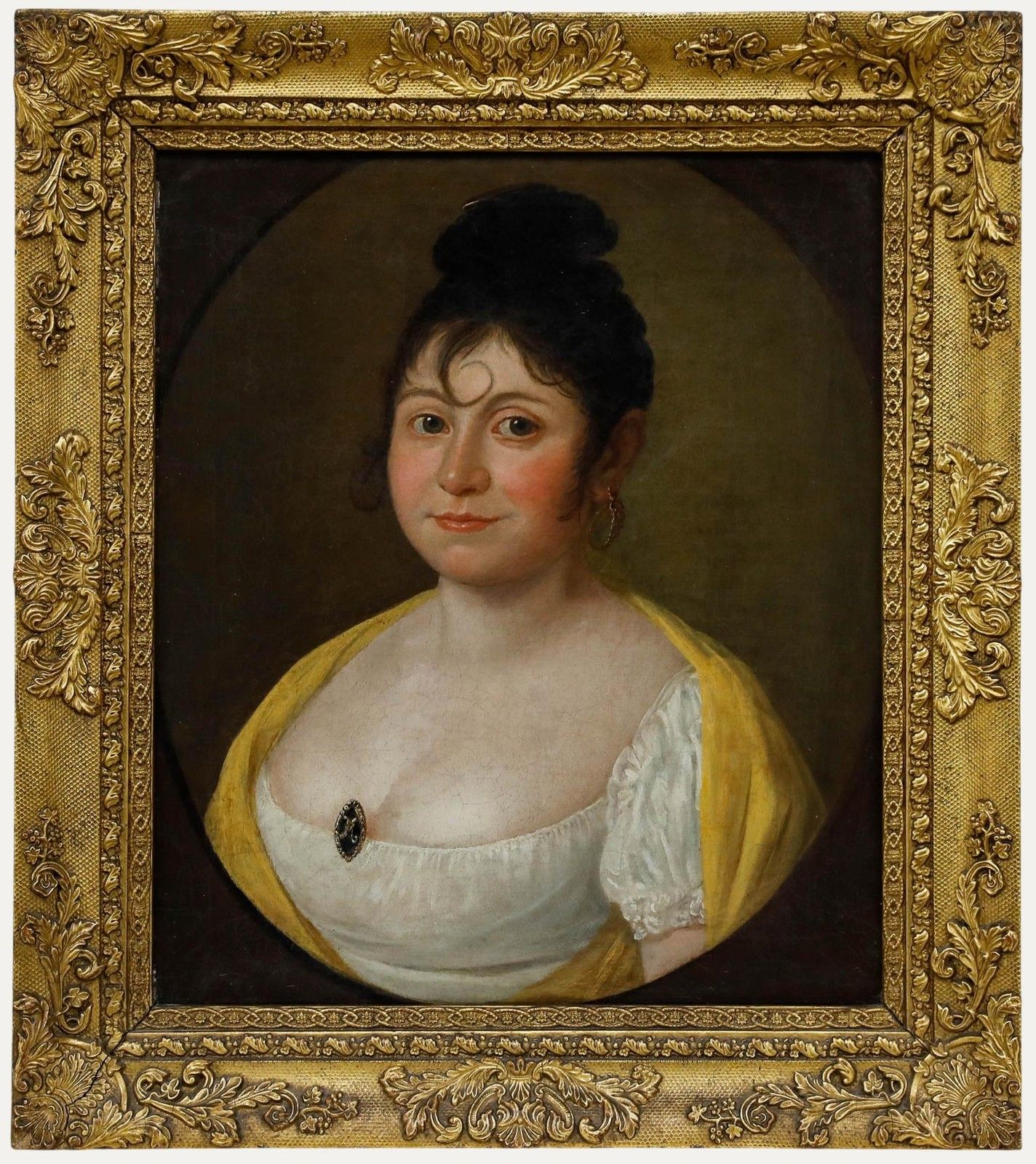 Fine Early 19th Century Oil Lady In A Yellow Shawl