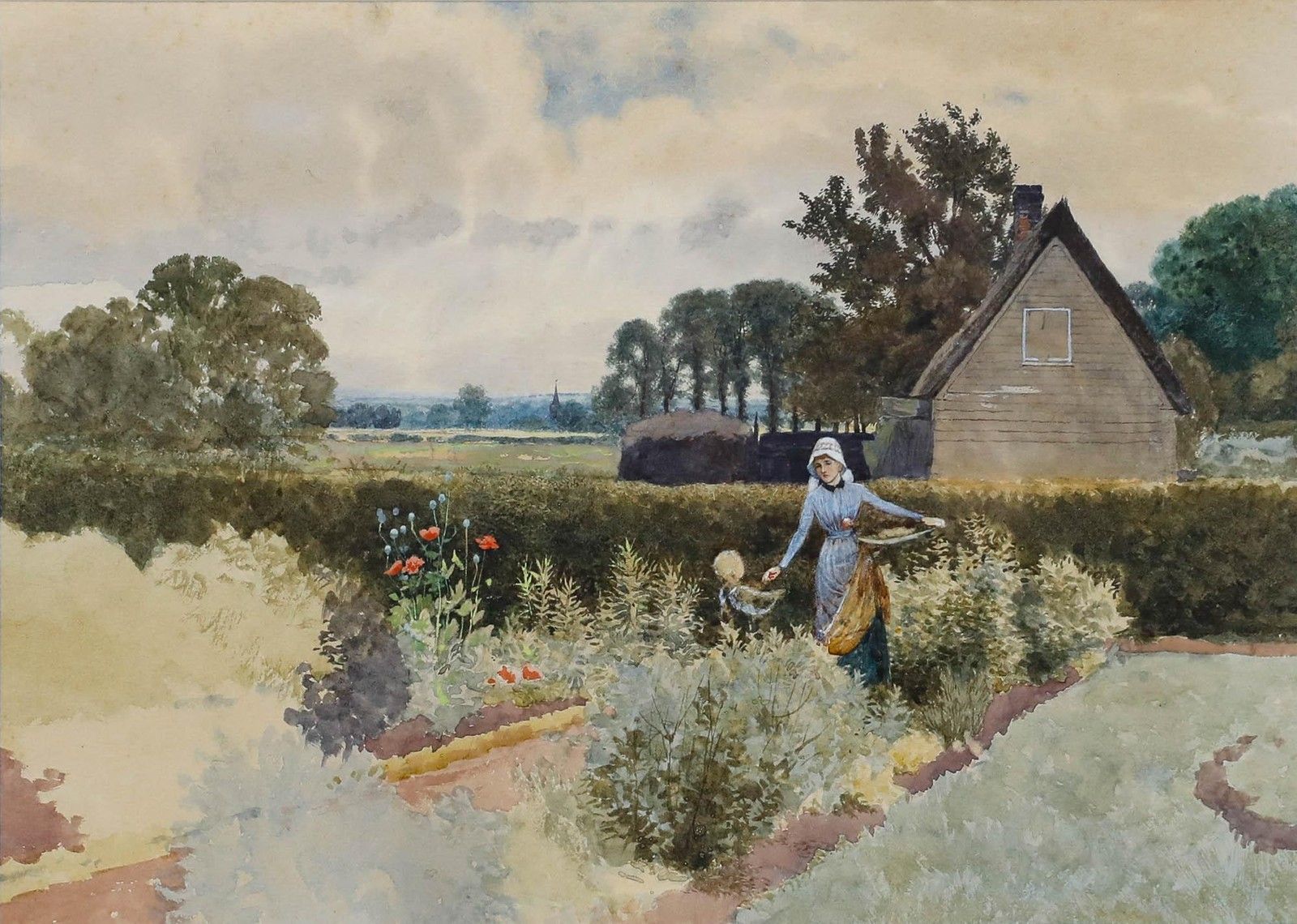 George Gordon Fraser (1859 1895) Watercolour, The Artist's Wife In The Garden photo furniture