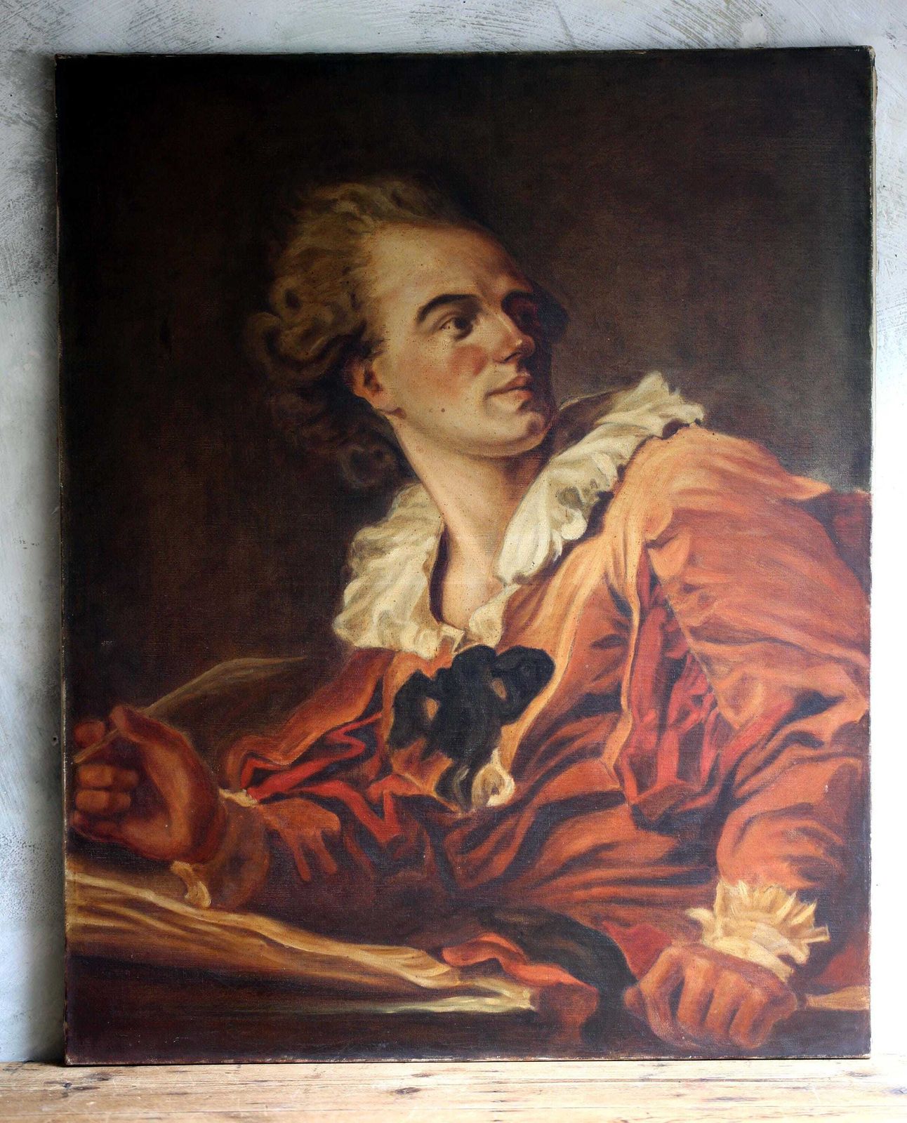 Antique French Oil Painting: Male Writer Portrait After Fragonard photo Art