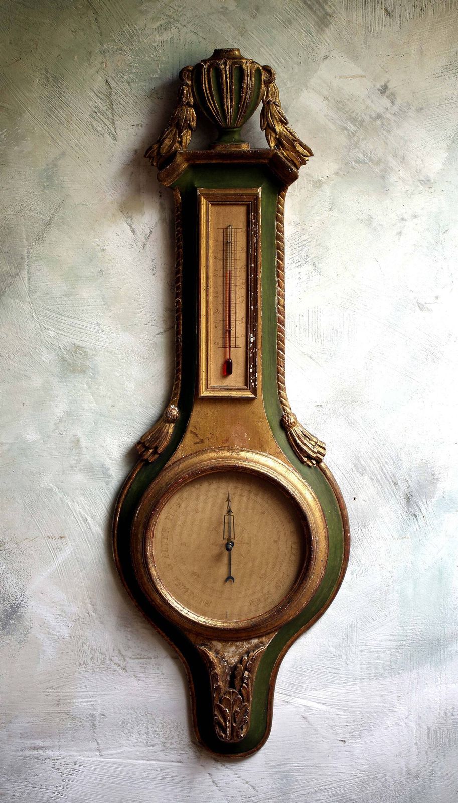 Antique Barometer Thermometer Louis XIV Style Green & Gilded Wood French Neoclassical Weather Instrument photo furniture