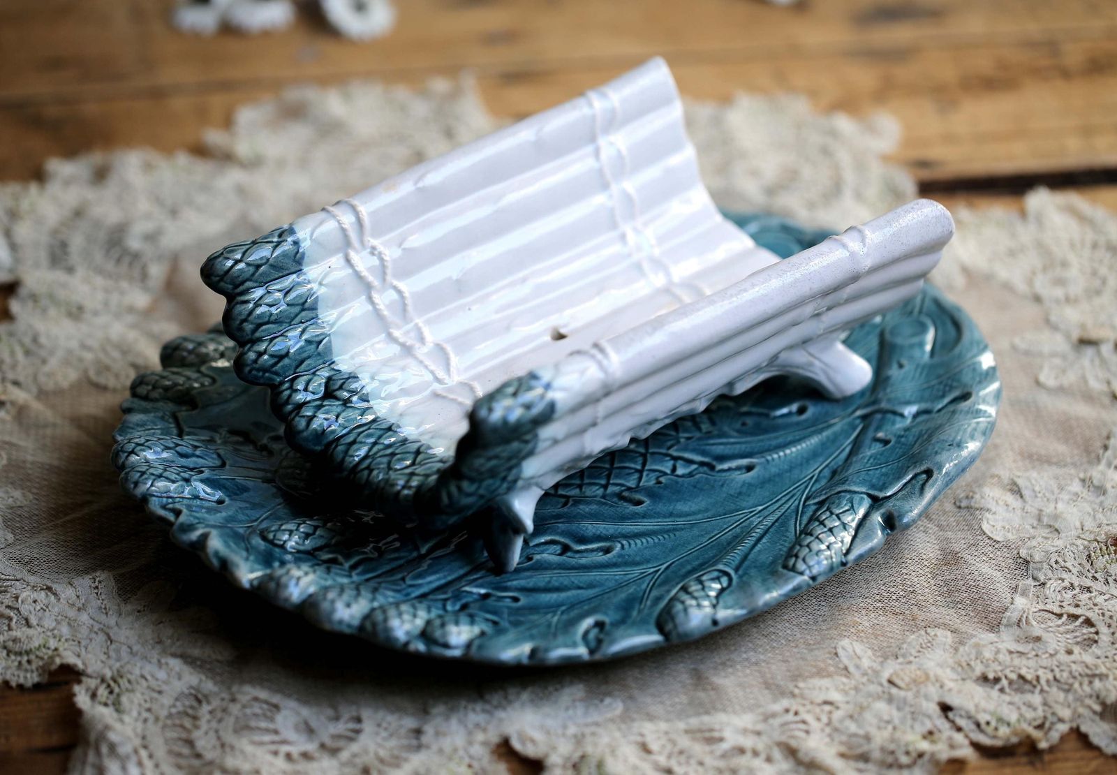 Antique Asparagus Set Drainer & Plate French Majolica Artichoke Serving Platter K.G Luneville
